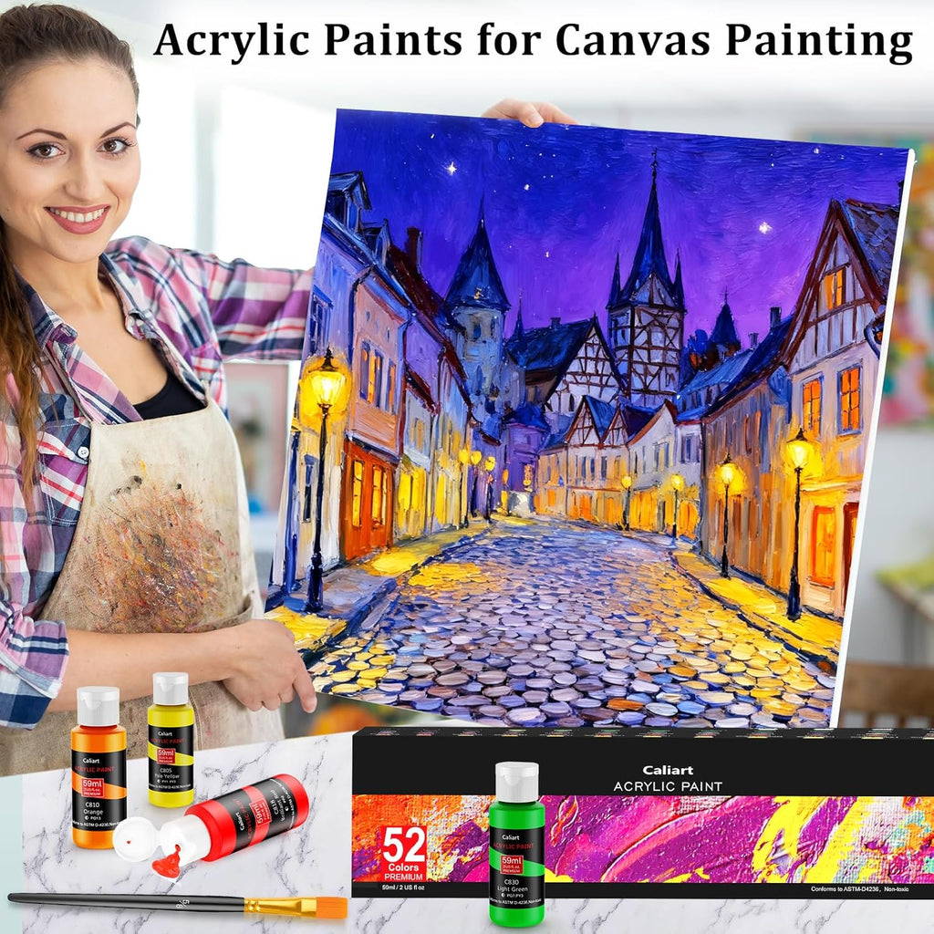 Caliart Acrylic Paint Set, 52 Colors Art Craft Paints, Rich Pigments Water Proof for Adults Artists Beginners, Canvas Ceramic Wood Fabric Rock Painting Kit Art Supplies with 4 Brushes
