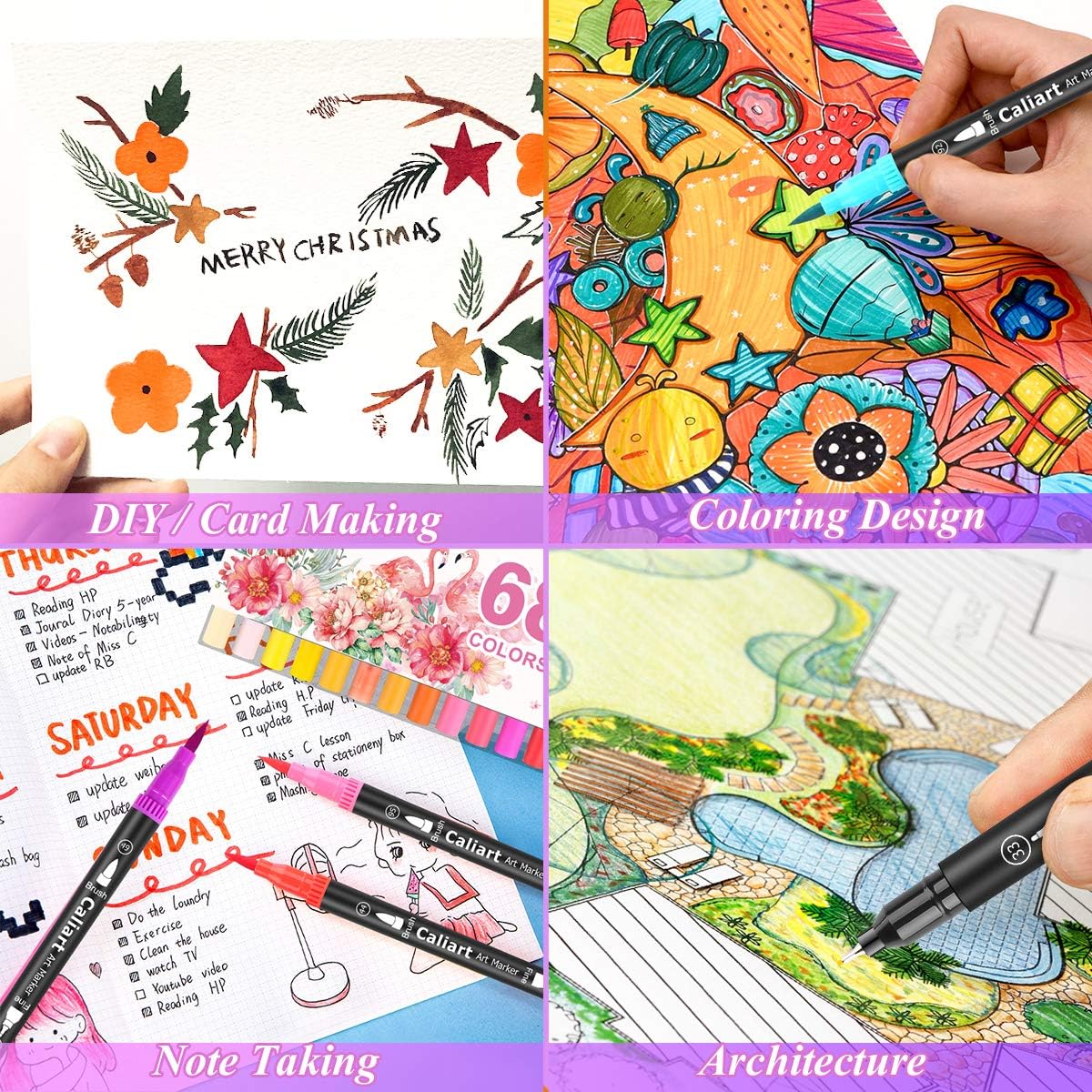 Caliart 34 Double Tip Brush Pens Art Markers, Artist Fine & Brush Pen Coloring Markers for Adult Book Cards Drawing Craft Kit Teacher Office Supplies