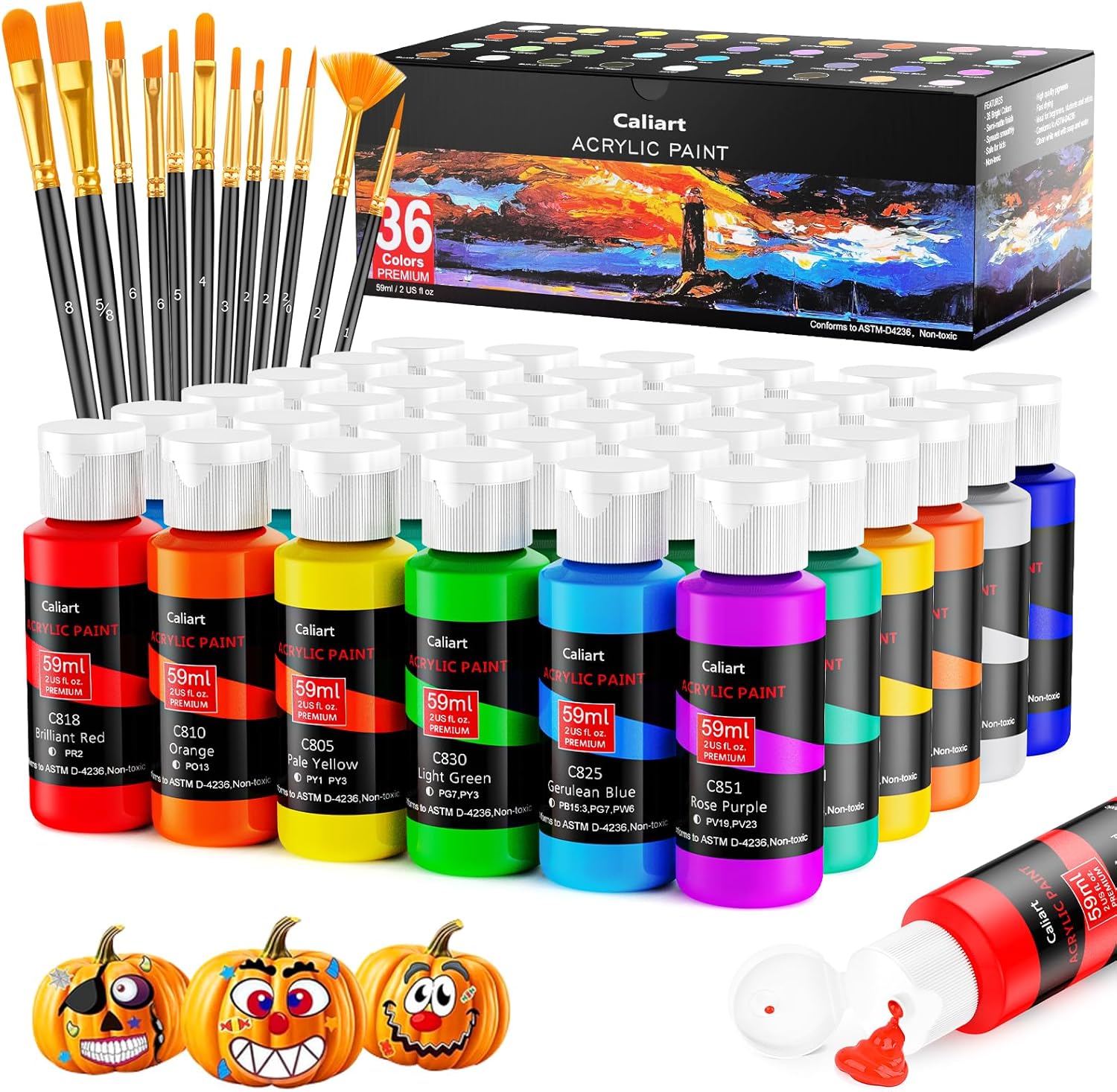Caliart Acrylic Paint Set with 12 Brushes, 36 Colors Art Craft Paint Kits for Artists Kids Adults Beginners, Rich Pigments Non-toxic, Canvas Ceramic Wood Rock Painting Supplies