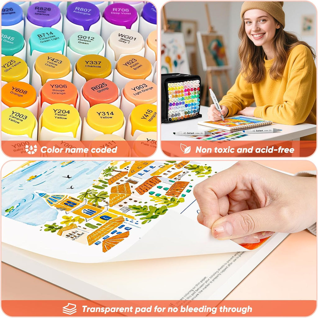Caliart 121 Colors Alcohol Based Markers, Dual Tip Art Marker Set Chisel & Fine, Permanent Colored Pens for Adults Coloring Book Artists Sketch Illustration Drawing Supplies Gifts