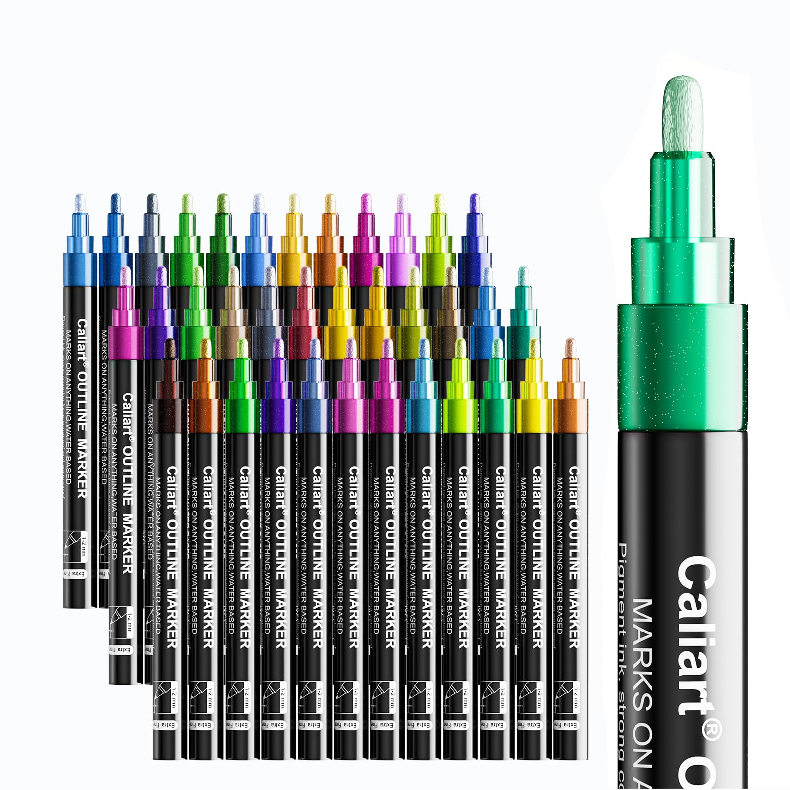 Caliart 24 Colors Outline Markers Shimmer Glitter Pens, Doodling Marker Set for Adults Artists, Cool Fun Craft Drawing Art Supplies