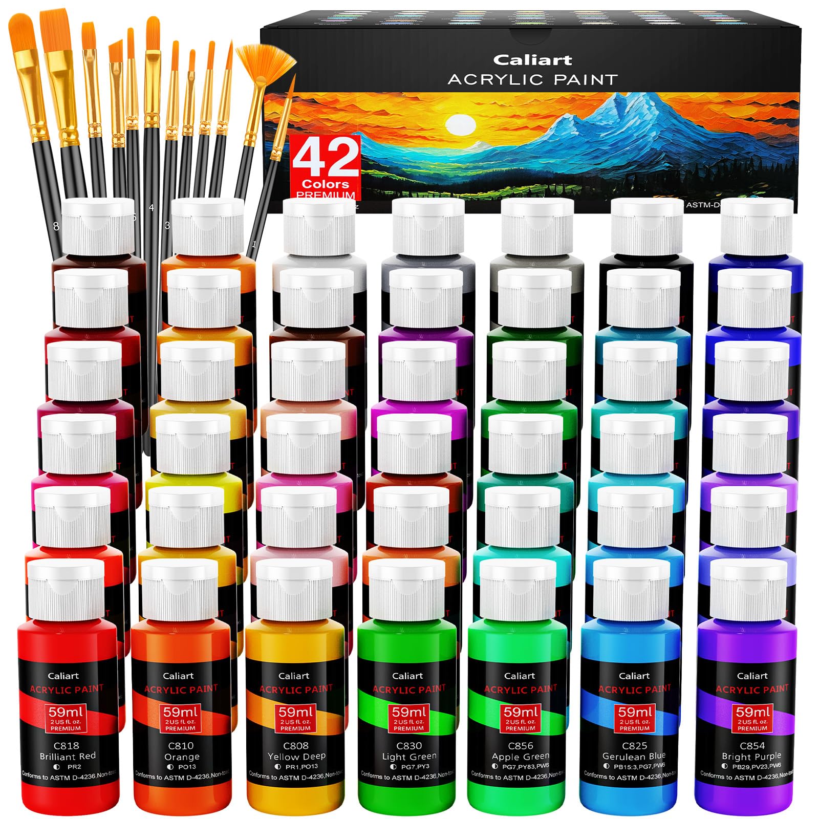 Caliart Acrylic Paint Set with 12 Brushes, 24 Colors Wood Craft Paints for Adult Artist Beginner Painter, Rich Pigments, Halloween Pumpkin Canvas Ceramic Rock Painting Art Kit Supplies