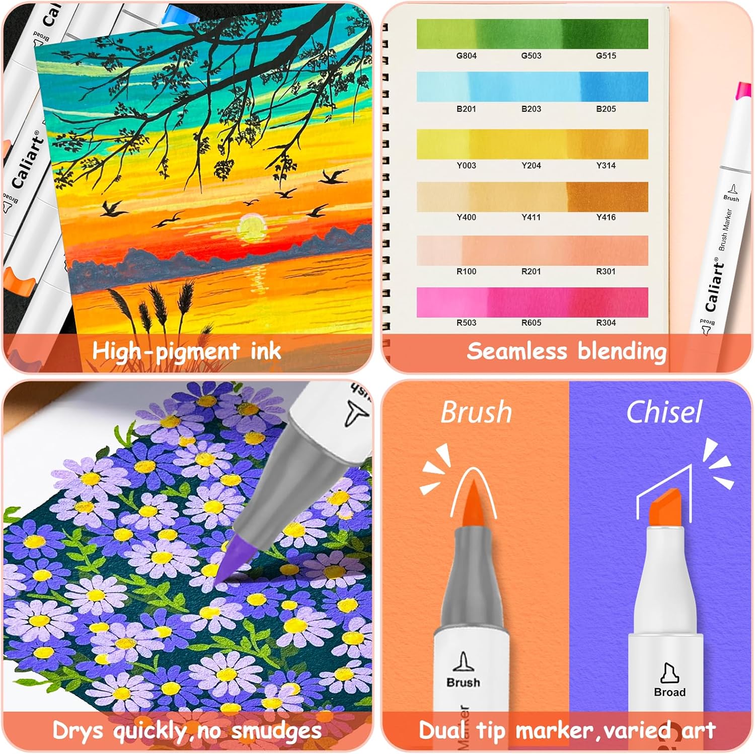 Caliart Alcohol Markers Brush Tip - 121 Colors Dual Tip Art Markers Set for Adult Coloring Books Artist Drawing Illustration Sketching, with Case Permanent Alcohol Based Colored Chisel & Brush Pens