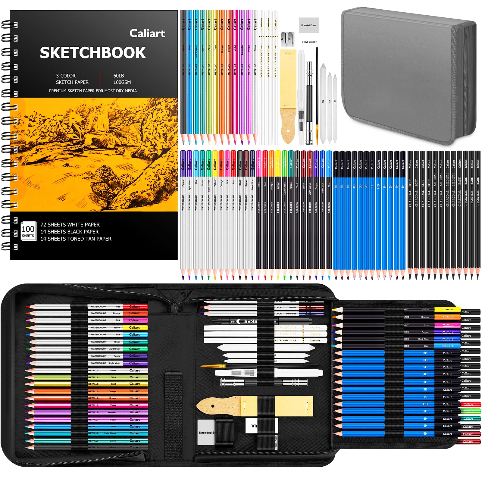 Caliart 176PCS Art Supplies Sketching Kit with 100 Sheets 3-Color Sketch Book, Graphite Colored Charcoal Watercolor & Metallic Pencils, Drawing Set Gifts for Adults Teens Girls Boys Kids