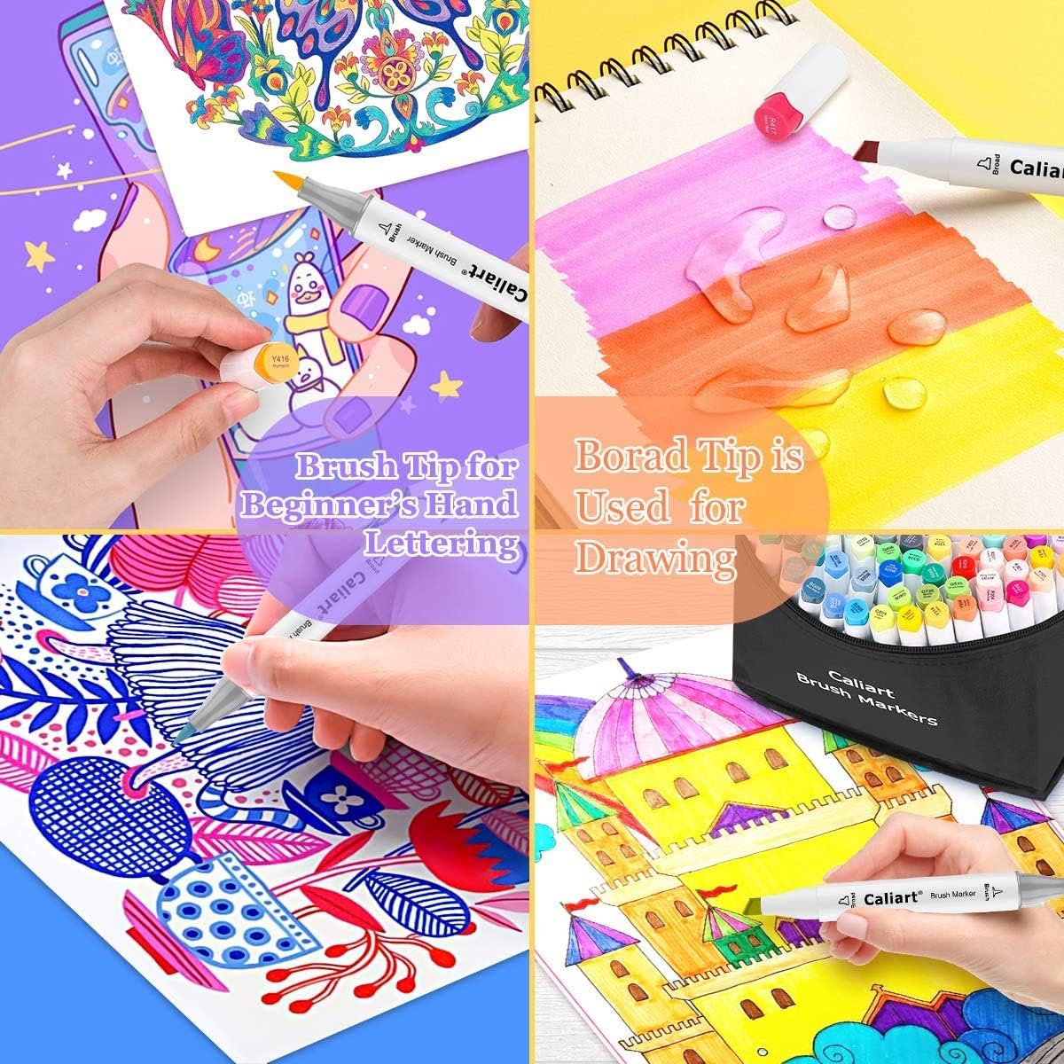 Caliart 51 Colors Alcohol Based Brush Markers, 24 Double-Line Drawing Pens, Mothers Day Gift for Mom, Kids, Adults, Artist, Cards