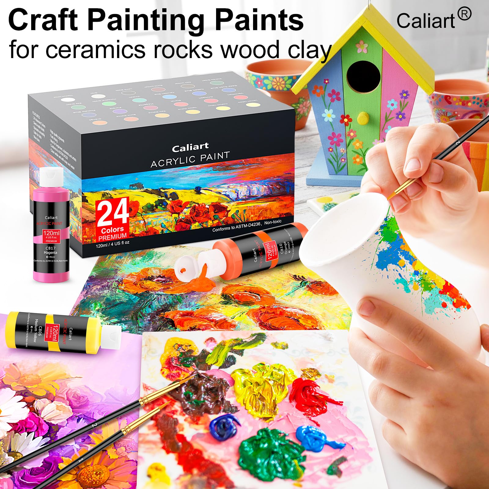 Caliart 80-Color Acrylic Paint Set with 12 Brushes