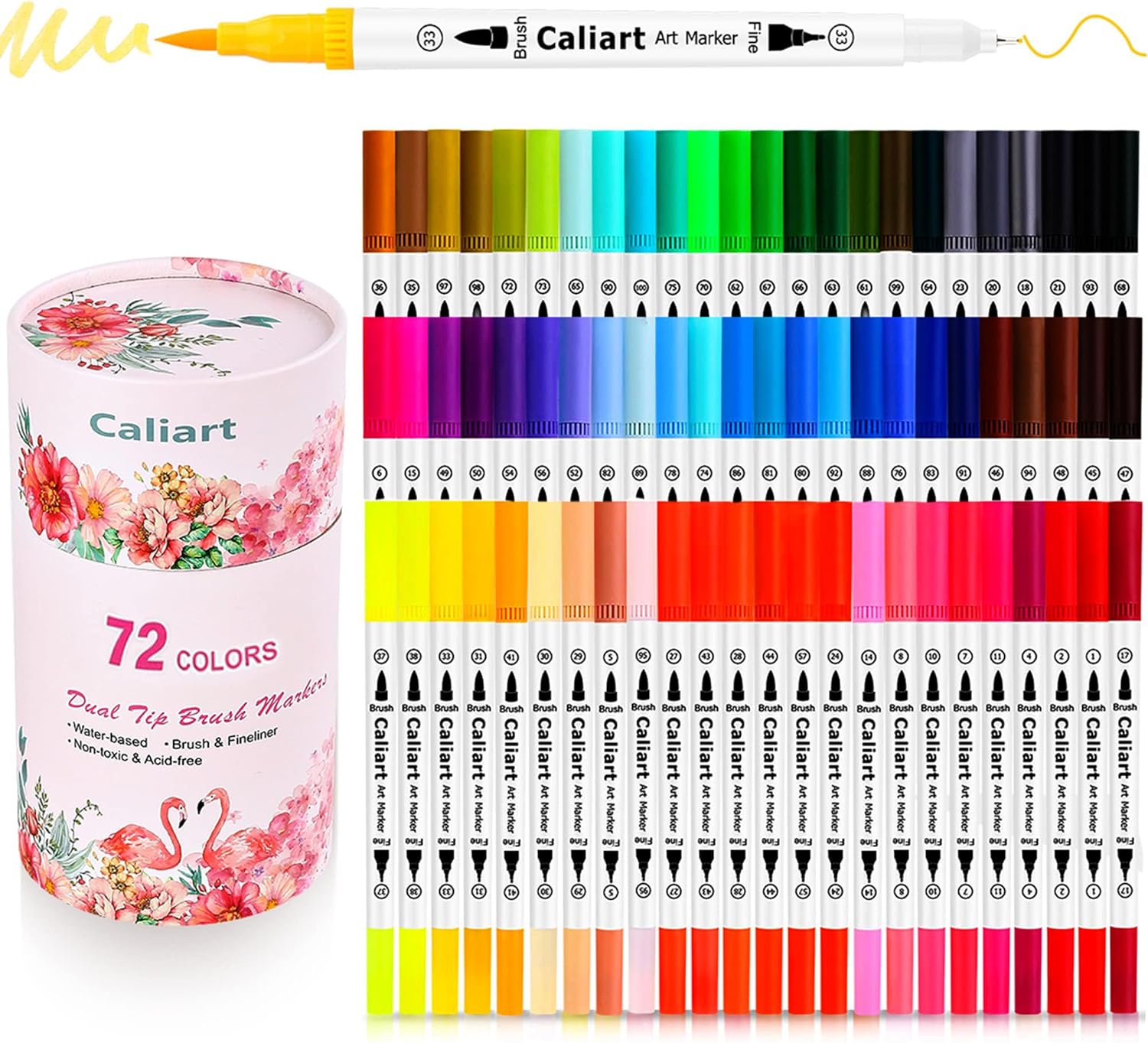 Caliart 72 Double Tip Brush Pens - 24 Color Double-Line Art Markers, Perfect for Cards and Doodle Drawing. Great Gift for Mothers Day or any Artist - Kids, Adults Included