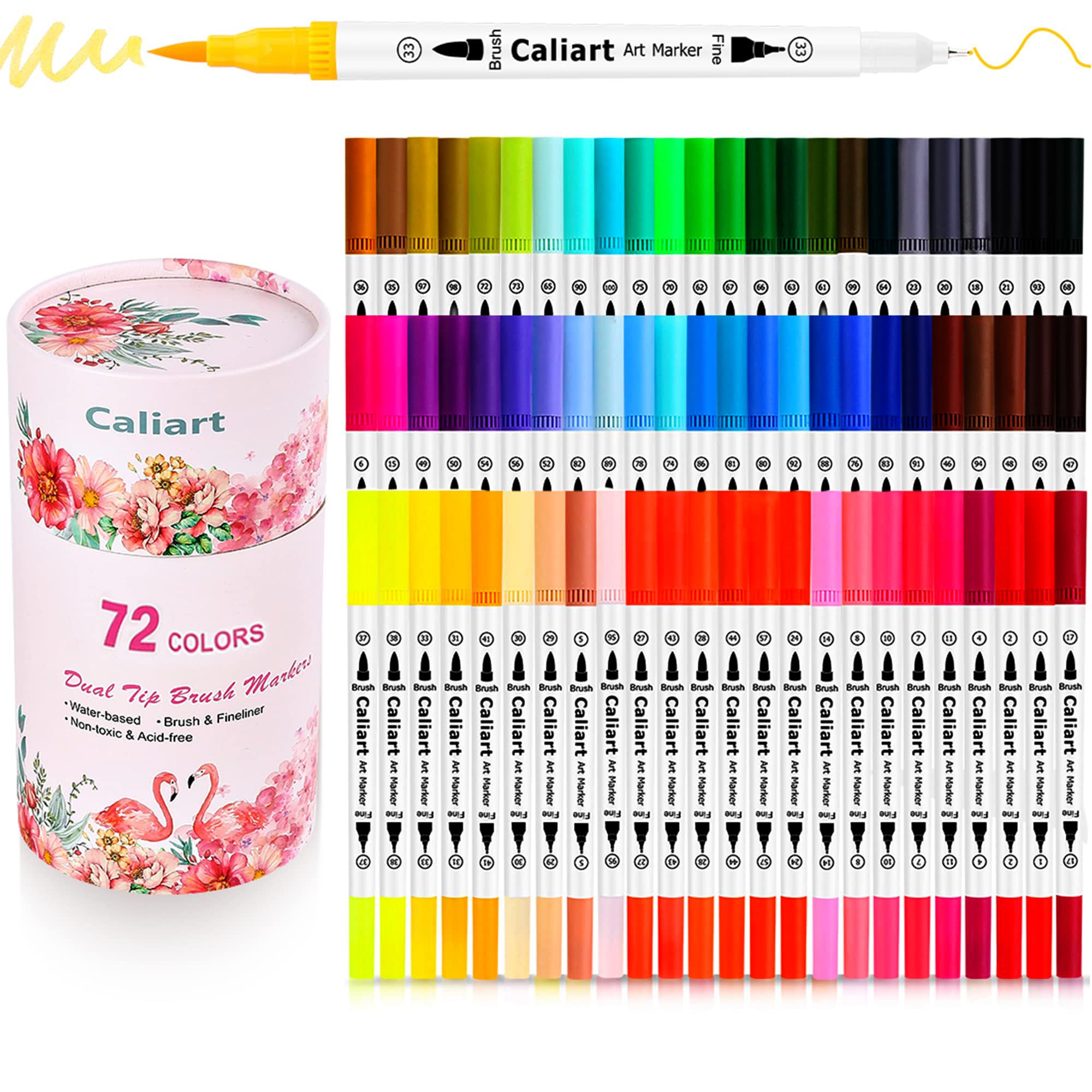 Caliart 34 Double Tip Brush Pens Art Markers, Artist Fine & Brush Pen Coloring Markers for Adult Book Cards Drawing Craft Kit Teacher Office Supplies
