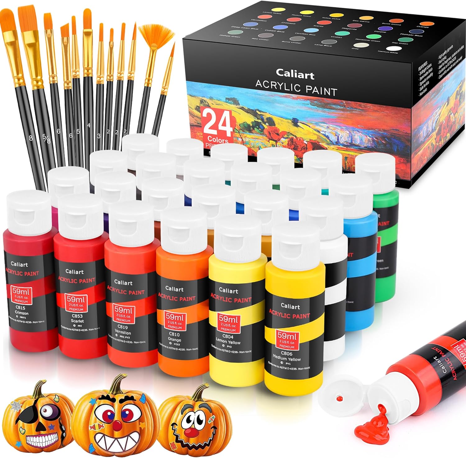 Caliart Acrylic Paint Set with 12 Brushes, 24 Colors Wood Craft Paints for Adult Artist Beginner Painter, Rich Pigments, Halloween Pumpkin Canvas Ceramic Rock Painting Art Kit Supplies