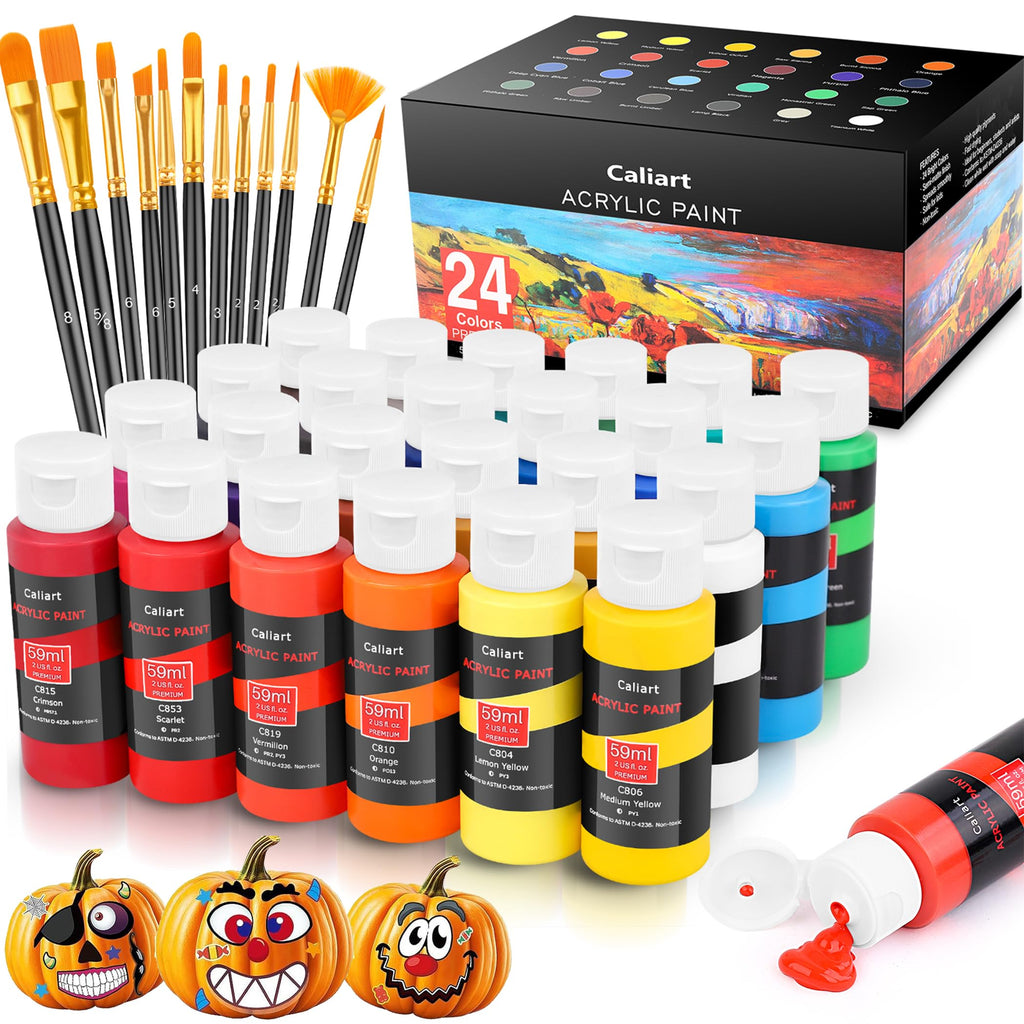 Caliart Iridescent Acrylic Paint, 24 Chameleon Colors in 59ml/2oz Bottles with 12 Brushes, Art Craft Paints Color-shifting for Adults Artists Beginners, Canvas Ceramic Wood Rock Painting Kit