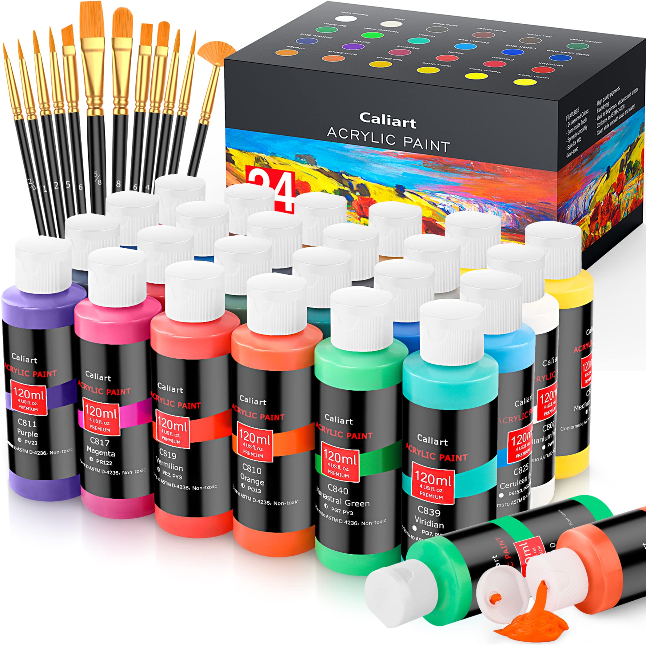 Caliart Acrylic Paint Set with 12 Brushes, 42 Colors (59ml, 2oz) Art Craft Paints Gifts for Adults Artists Beginners Painters, Halloween Pumpkin Canvas Ceramic Rock Painting Kit Art Supplies