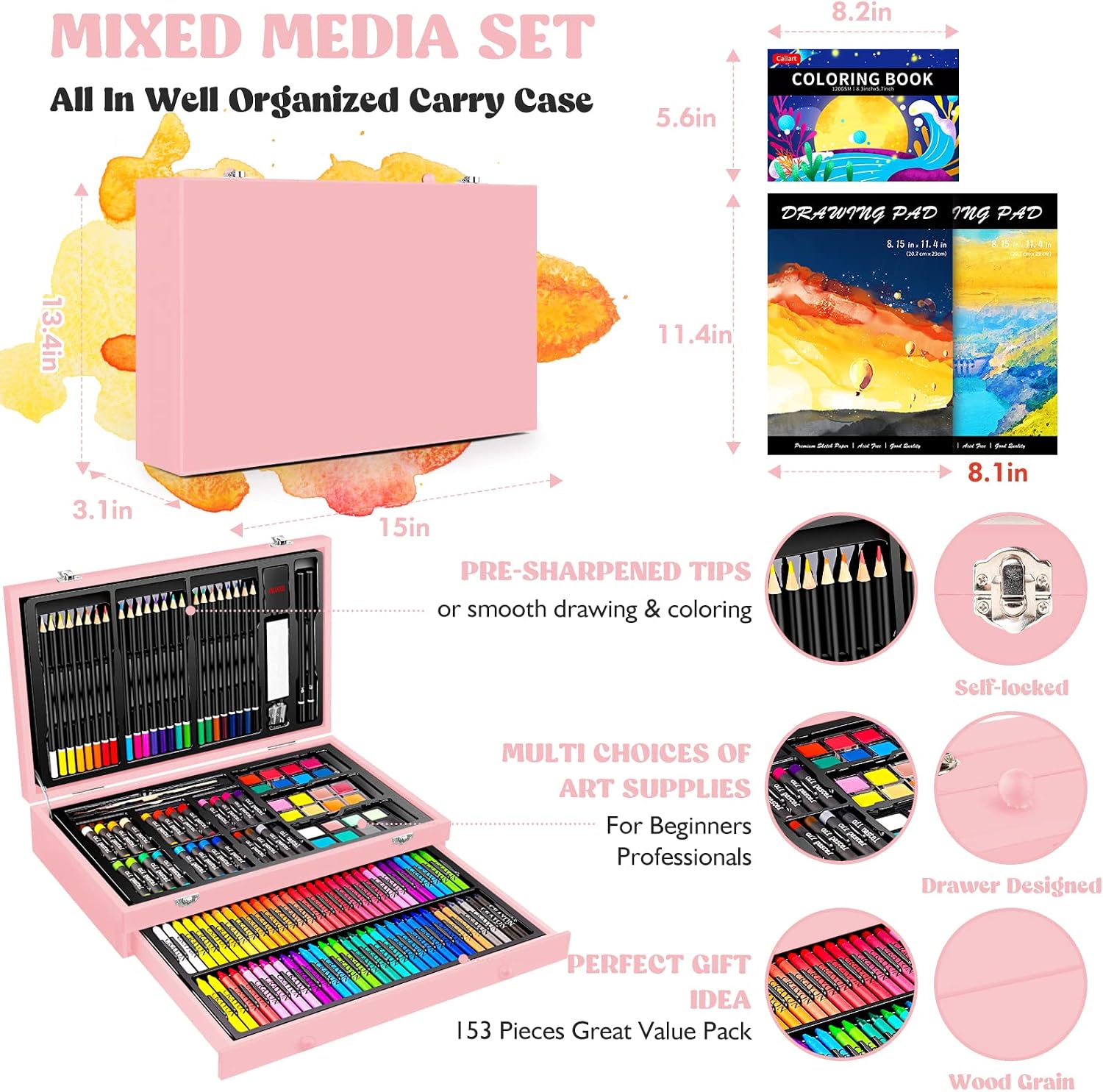 Caliart Art Supplies Kit, 153-Pack Deluxe Drawing Art Set Painting Coloring | 2 A4 Sketch Pads, Coloring Book, Colored Pencils, Crayons, Crafts Gifts for Artists Teen Girls Boys Kids Adults