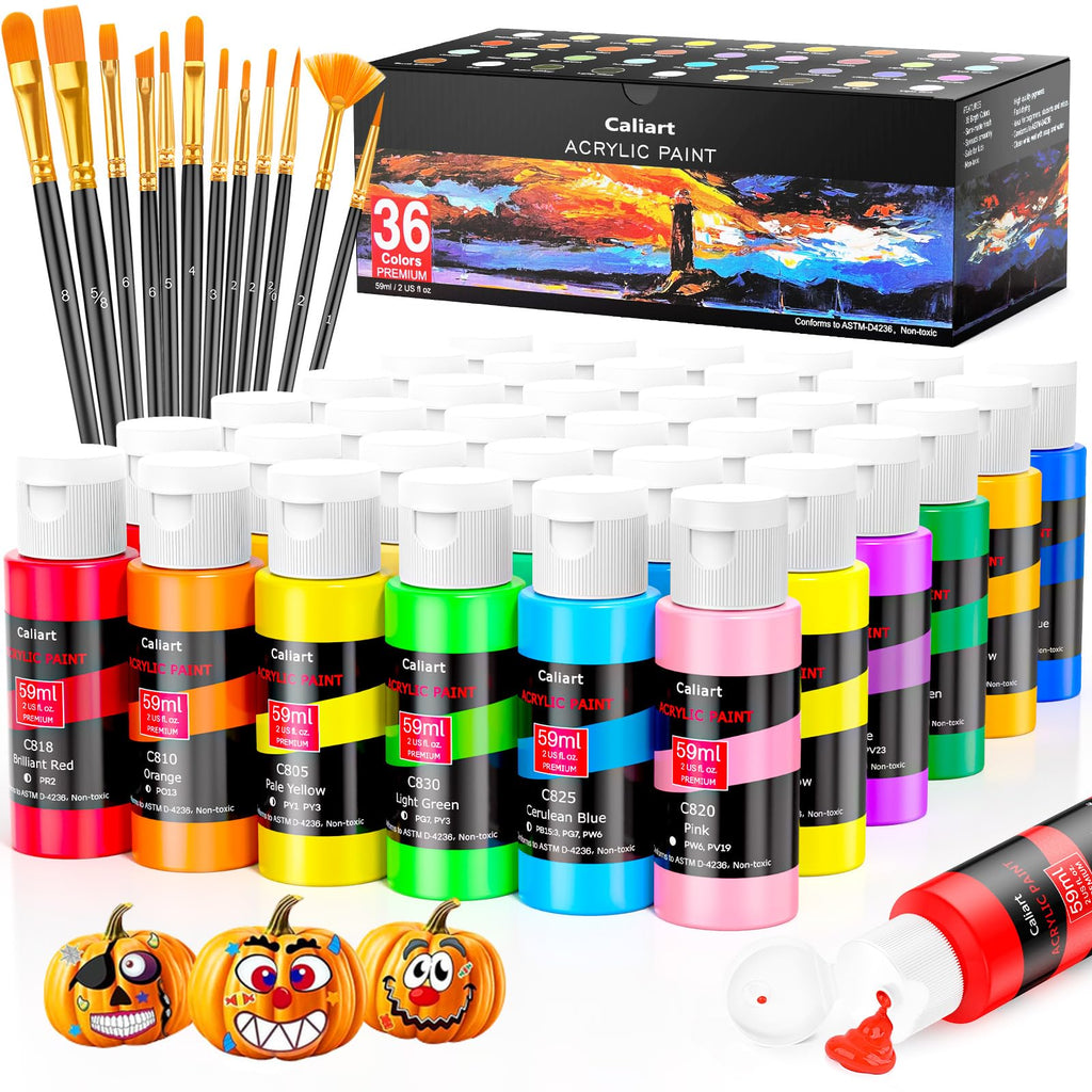 Caliart 72 Colors Acrylic Paint Set with 12 Brushes | Craft Painting kit for Adults Artists Beginners, Rich Pigment Non-toxic, Canvas Wood Rock Pumpkin Ceramic Art Supplies Paint