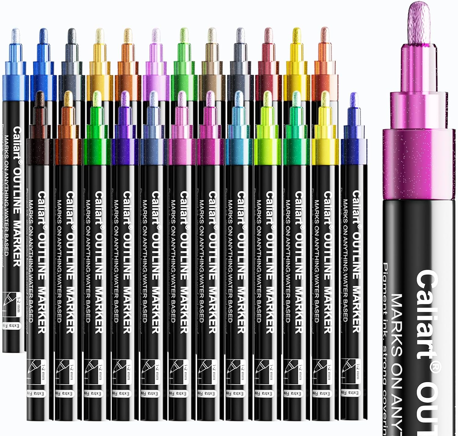 Caliart 24 Colors Outline Markers Shimmer Glitter Pens, Doodling Marker Set for Adults Artists, Cool Fun Craft Drawing Art Supplies