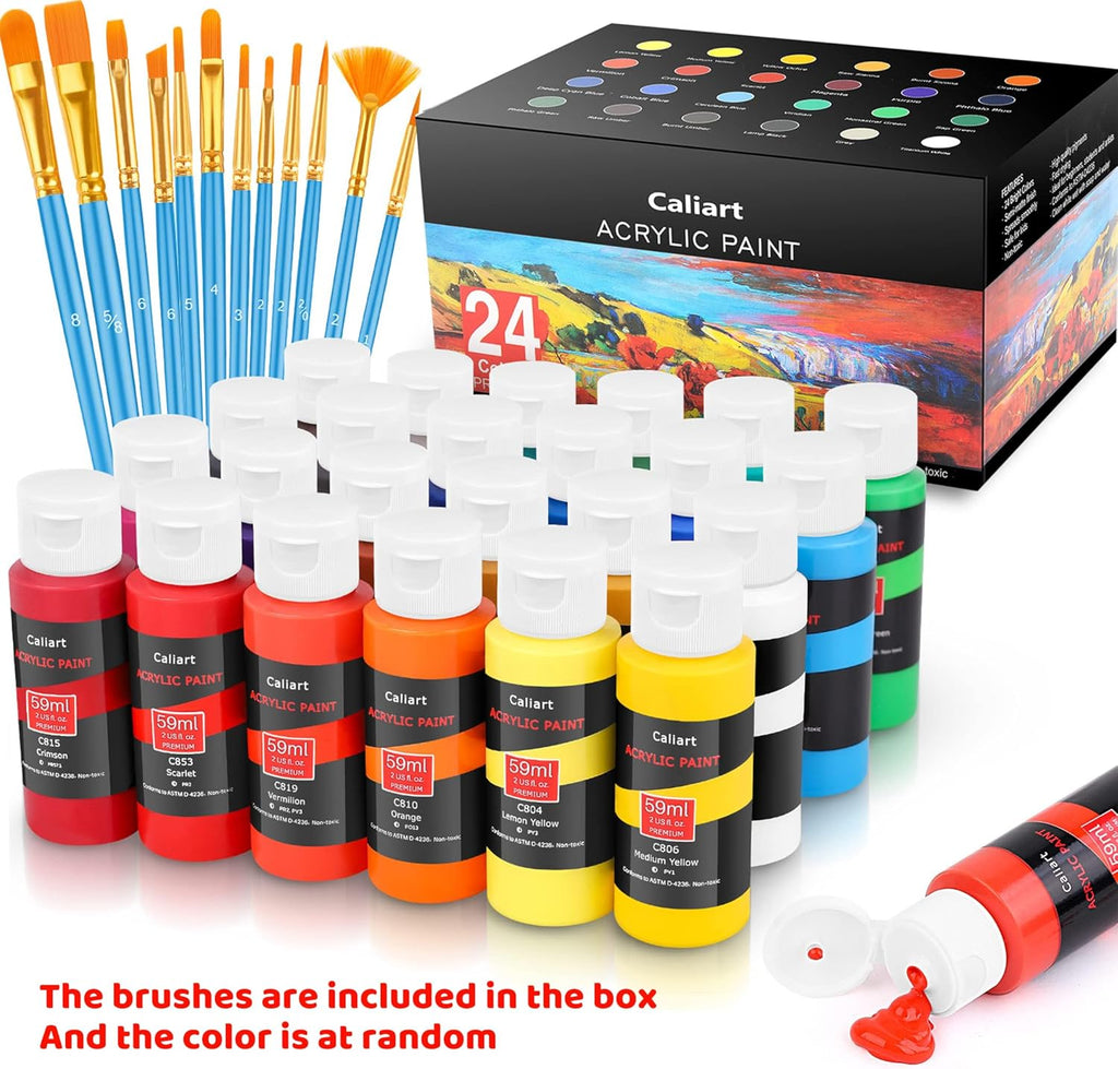 Caliart Acrylic Paint Set with 12 Brushes, 24 Colors Wood Craft Paints for Adult Artist Beginner Painter, Rich Pigments, Halloween Pumpkin Canvas Ceramic Rock Painting Art Kit Supplies