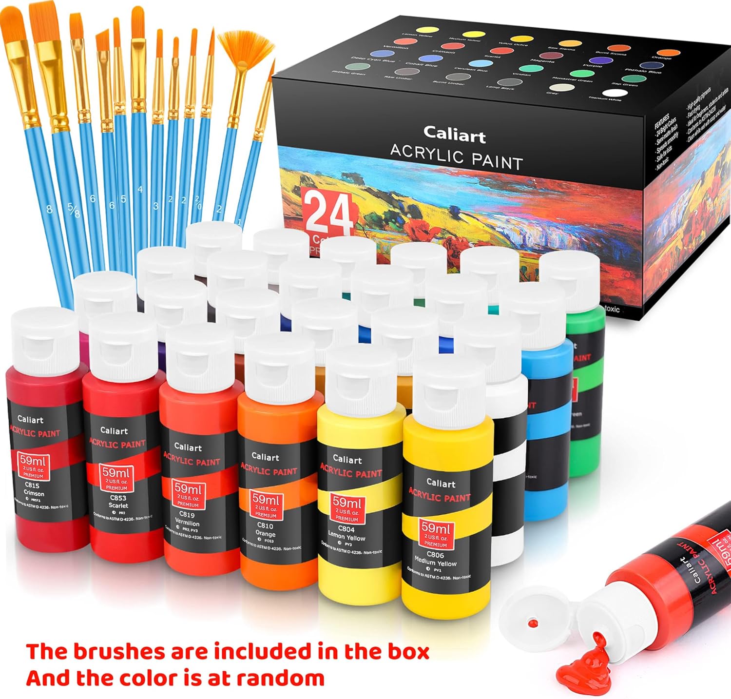 Caliart Acrylic Paint Set with 12 Brushes, 24 Colors Wood Craft Paints for Adult Artist Beginner Painter, Rich Pigments, Halloween Pumpkin Canvas Ceramic Rock Painting Art Kit Supplies
