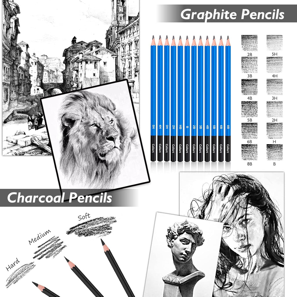 Caliart 176PCS Art Supplies Sketching Kit with 100 Sheets 3-Color Sketch Book, Graphite Colored Charcoal Watercolor & Metallic Pencils, Drawing Set Gifts for Adults Teens Girls Boys Kids
