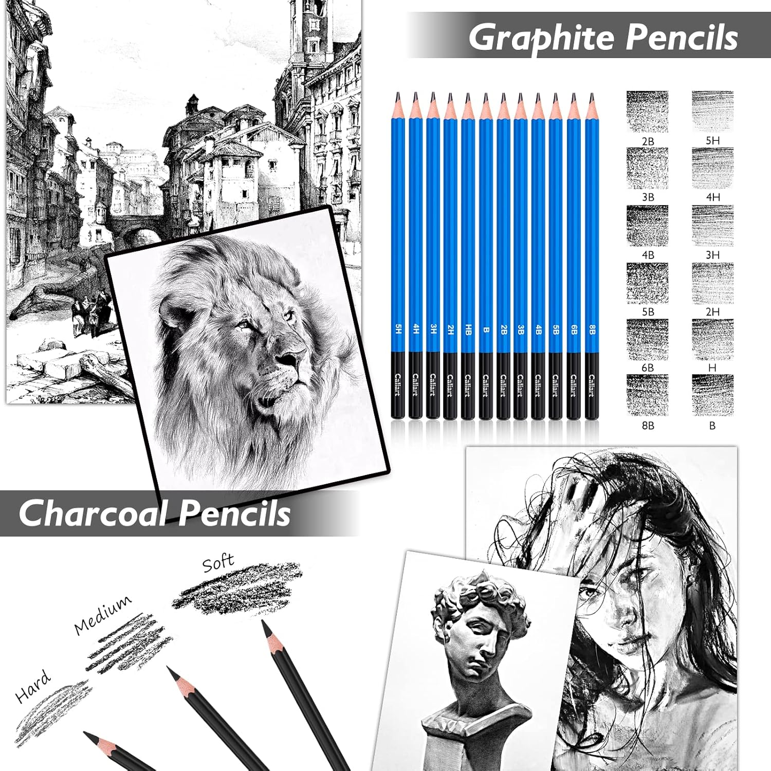 Caliart 176PCS Art Supplies Sketching Kit with 100 Sheets 3-Color Sketch Book, Graphite Colored Charcoal Watercolor & Metallic Pencils, Drawing Set Gifts for Adults Teens Girls Boys Kids