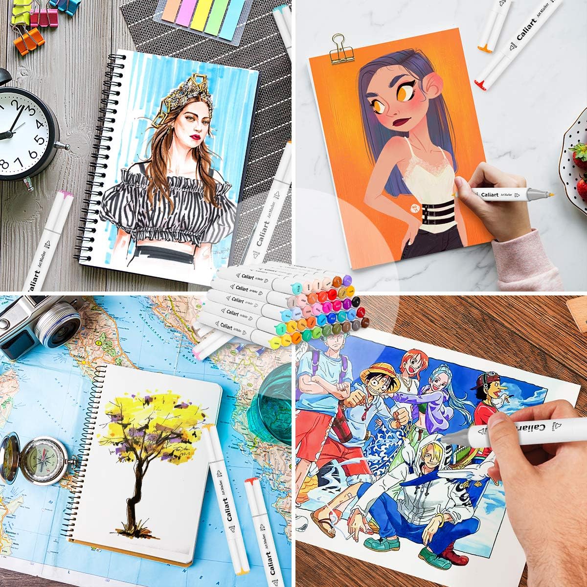 Caliart 100 Colors Alcohol Based Markers, 34 Double Tip Brush Pens Art Markers, Drawing Pens Permanent Markers Mothers Day Gift for Mom Kids Artist Adult Cards Drawing