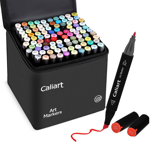 Caliart Markers, 100 Colors Dual Tip Art Markers Sketch Pens Permanent Alcohol Based, with Case for Adults Artists Drawing Illustration Sketching Coloring (White Barrel)