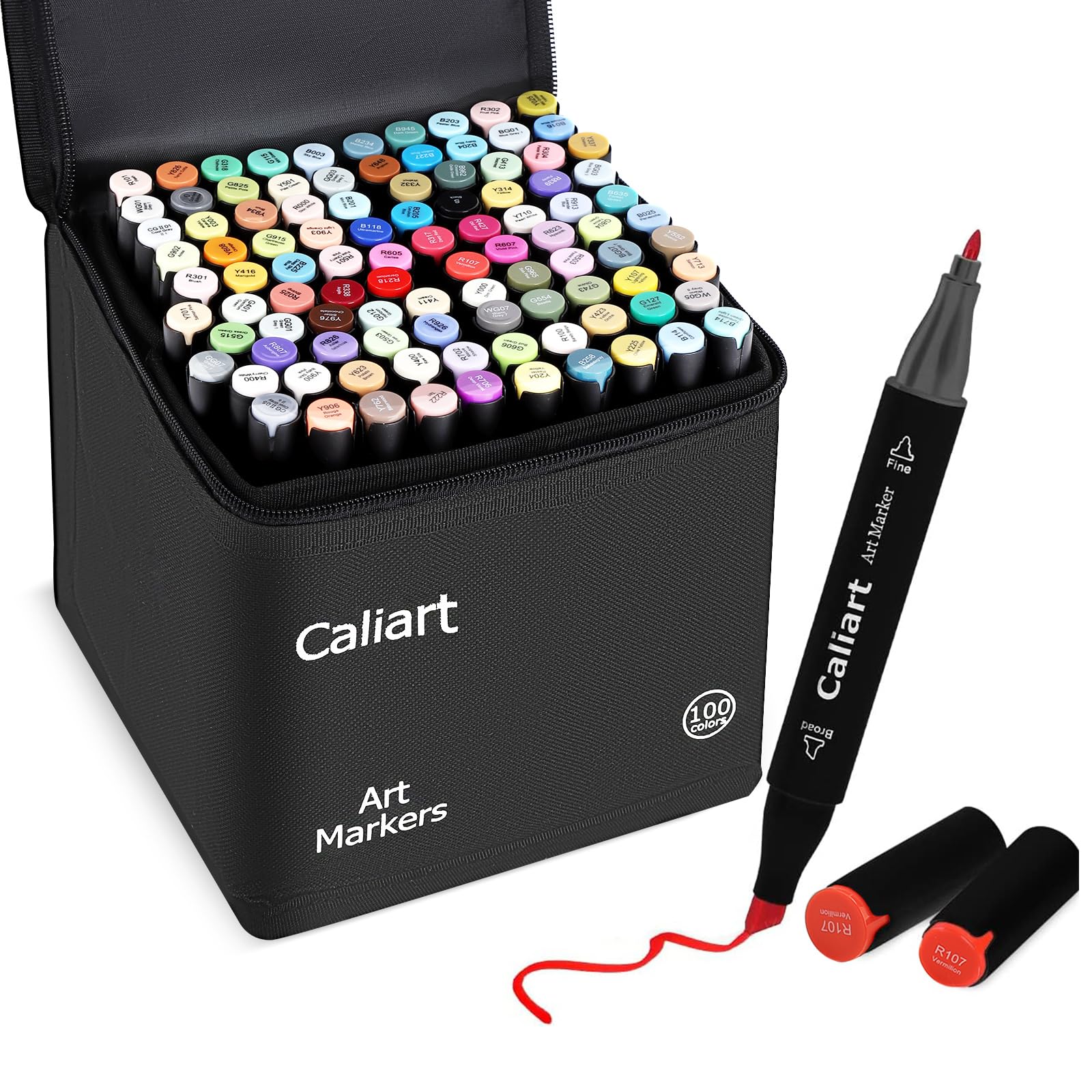 Caliart Pastel Markers, 100 Colors Dual Tip Art Markers Sketch Pens Permanent Alcohol Based, with Case for Adults Artists Drawing Illustration Sketching Coloring
