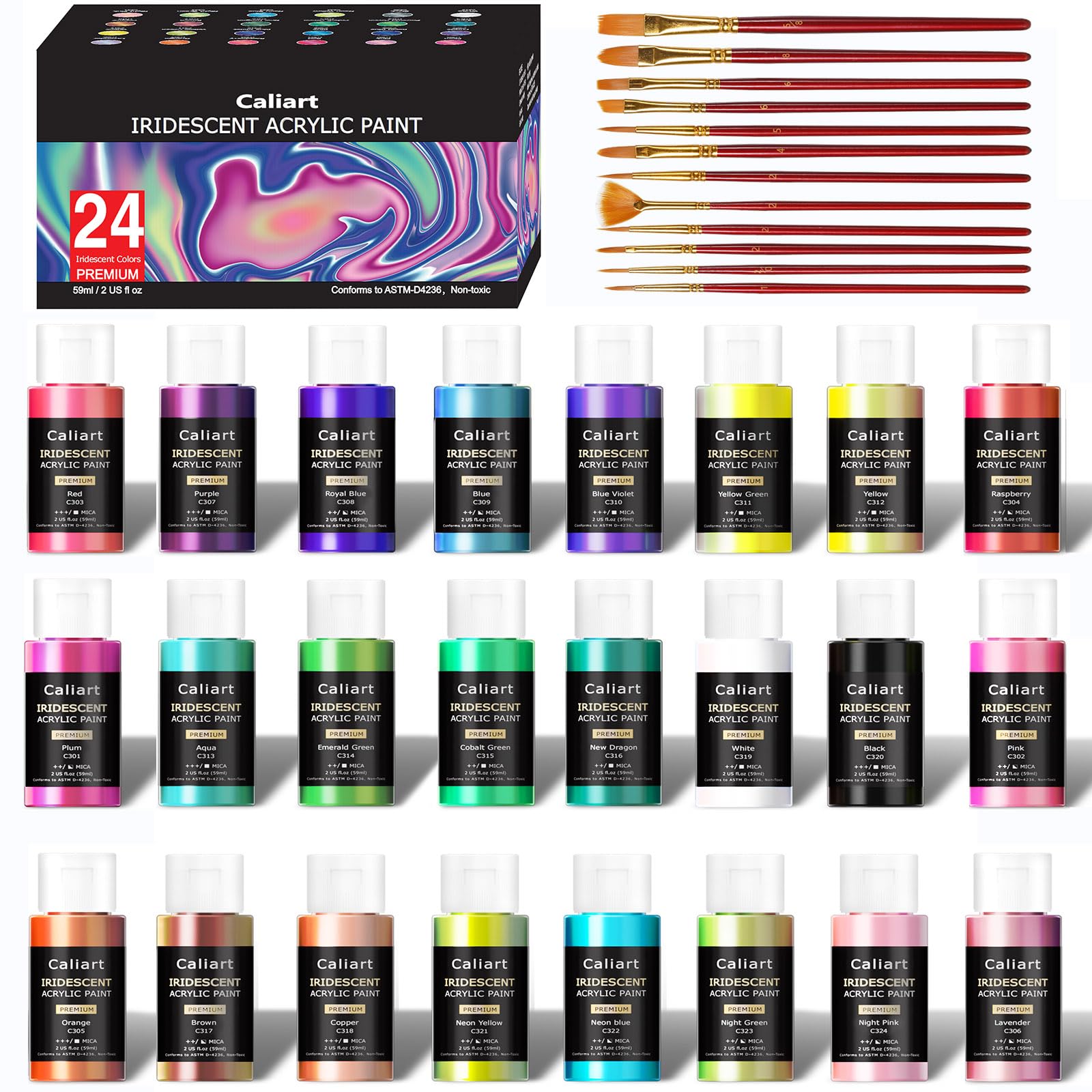 Caliart Acrylic Paint Large Set (120ml/4oz) with 12 Brushes, 24 Colors Art Craft Paints Kit for Adults Artists Beginners on Canvas Ceramic Wood Rock Painting Art Supplies