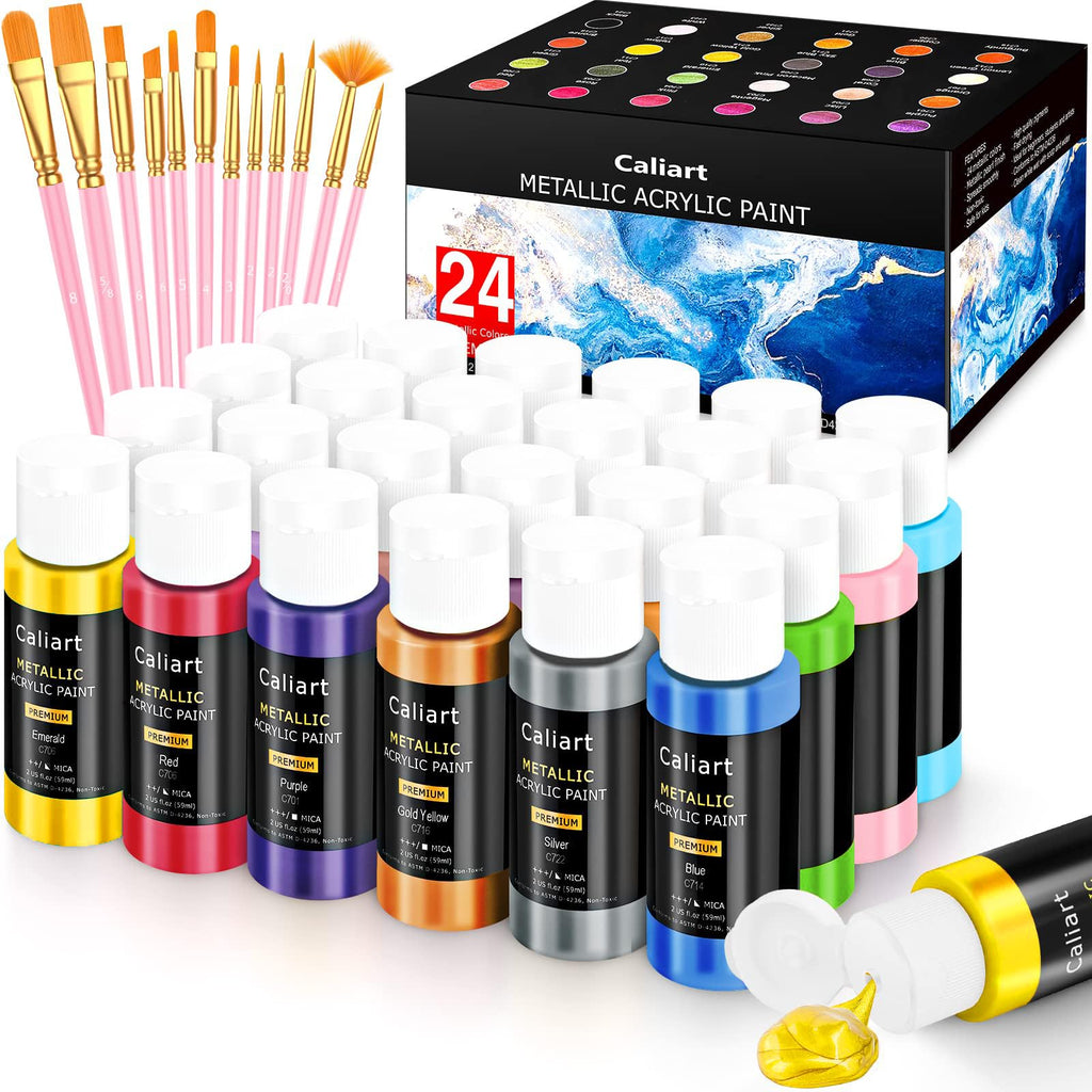 Caliart 36 Colors Acrylic Paint Set with 12 Brushes | Craft Painting kit for Adults Artists Beginners, Rich Pigment Non-toxic, Canvas Wood Rock Pumpkin Ceramic Art Supplies Paint