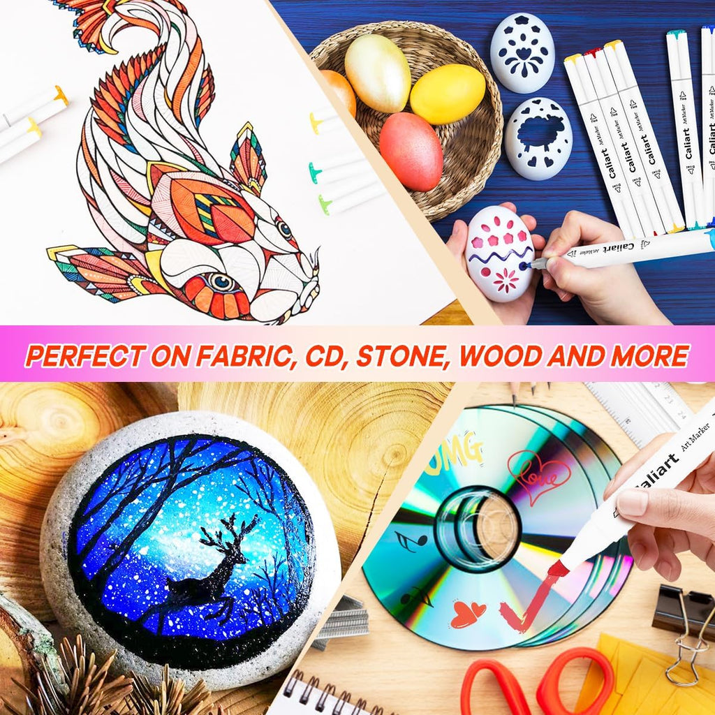 Caliart Markers, 100 Colors Dual Tip Art Markers Sketch Pens Permanent Alcohol Based, with Case for Adults Artists Drawing Illustration Sketching Coloring (White Barrel)