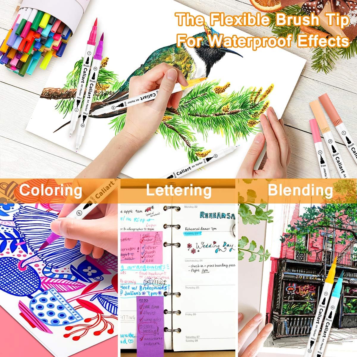 Caliart 34 Double Tip Brush Pens Art Markers, Artist Fine & Brush Pen Coloring Markers for Adult Book Cards Drawing Craft Kit Teacher Office Supplies
