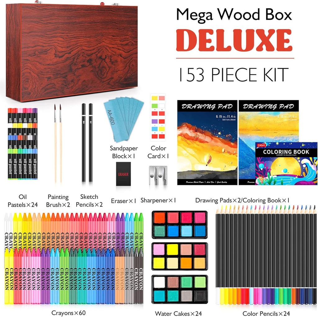 Caliart 153-Pack Deluxe Wooden Art Supplies, 34 Double Tip Brush Pens Art Markers, Pencils Drawing Set kit Mothers Day Gift for Mom Artists Adults Teens Kids