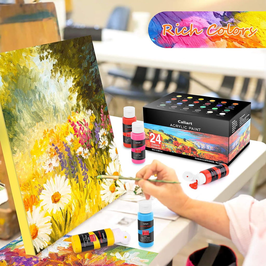 Caliart Acrylic Paint Set with 12 Brushes, 24 Colors Wood Craft Paints for Adult Artist Beginner Painter, Rich Pigments, Halloween Pumpkin Canvas Ceramic Rock Painting Art Kit Supplies