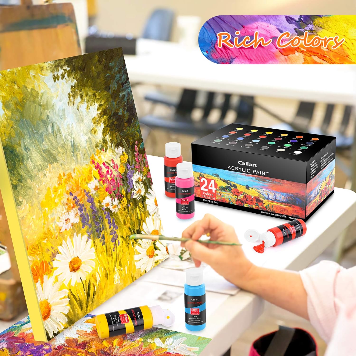 Caliart Acrylic Paint Set with 12 Brushes, 24 Colors Wood Craft Paints for Adult Artist Beginner Painter, Rich Pigments, Halloween Pumpkin Canvas Ceramic Rock Painting Art Kit Supplies