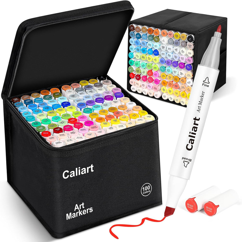 Caliart Markers, 100 Colors Dual Tip Art Markers Sketch Pens Permanent Alcohol Based, with Case for Adults Artists Drawing Illustration Sketching Coloring (White Barrel)