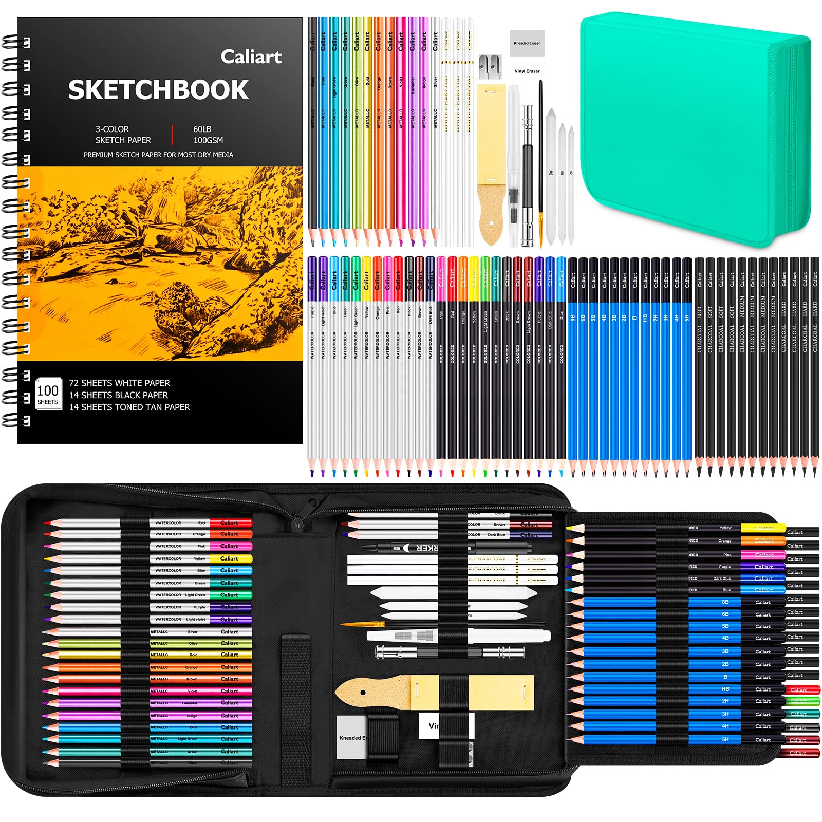 Caliart 176PCS Art Supplies Sketching Kit with 100 Sheets 3-Color Sketch Book, Graphite Colored Charcoal Watercolor & Metallic Pencils, Drawing Set Gifts for Adults Teens Girls Boys Kids