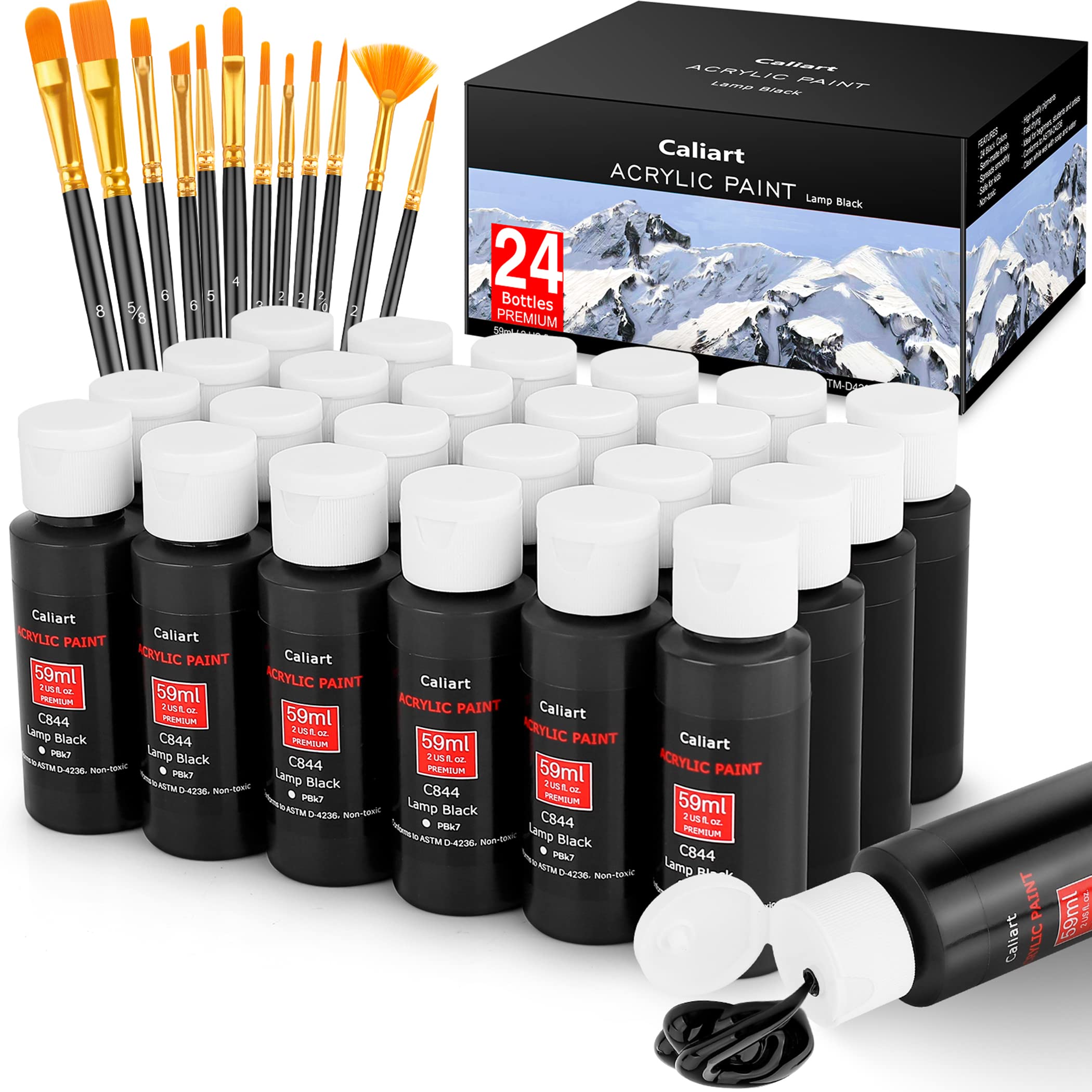 Caliart Acrylic Paint Large Set (120ml/4oz) with 12 Brushes, 24 Colors Art Craft Paints Kit for Adults Artists Beginners on Canvas Ceramic Wood Rock Painting Art Supplies