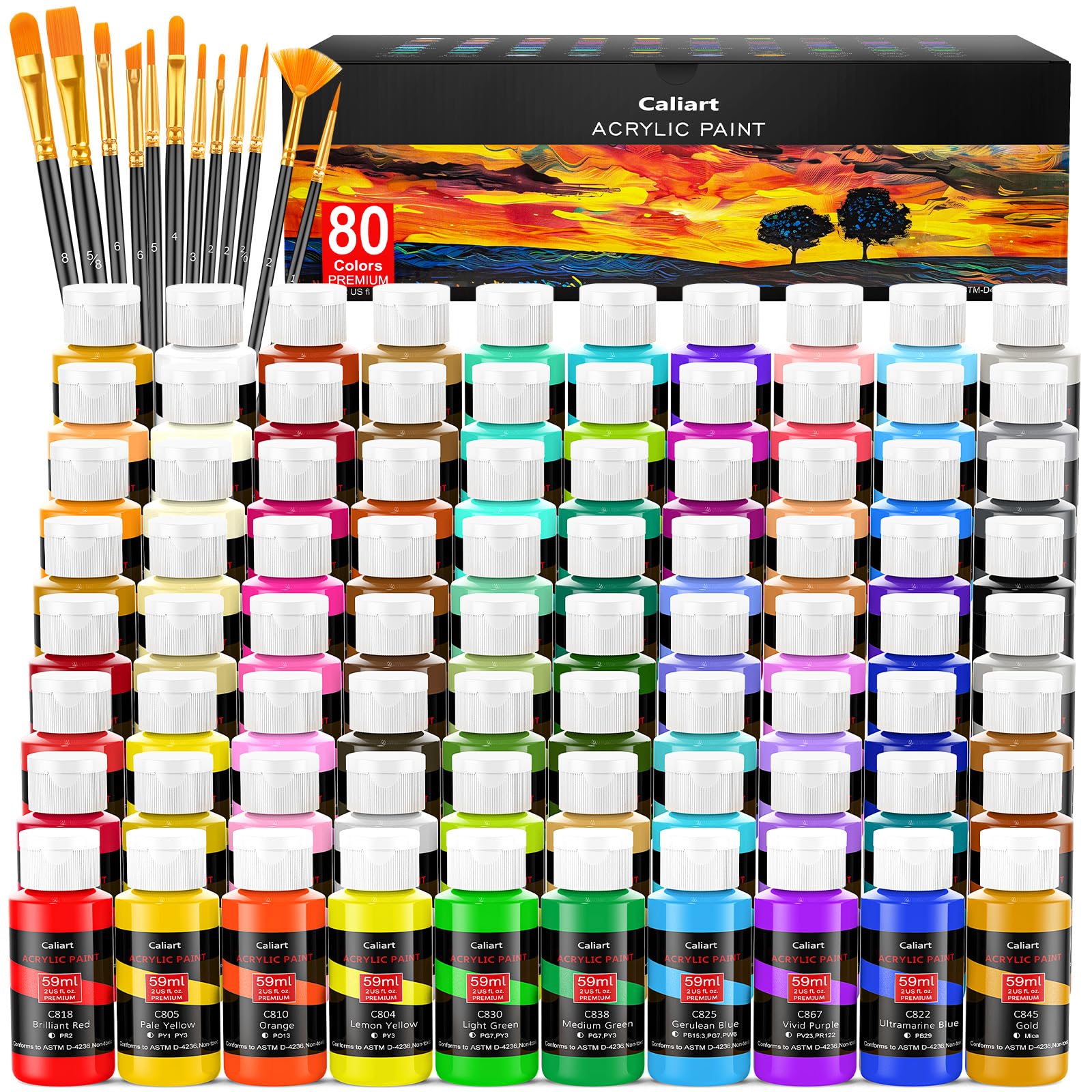 Caliart 36 Colors Acrylic Paint Set with 12 Brushes | Craft Painting kit for Adults Artists Beginners, Rich Pigment Non-toxic, Canvas Wood Rock Pumpkin Ceramic Art Supplies Paint