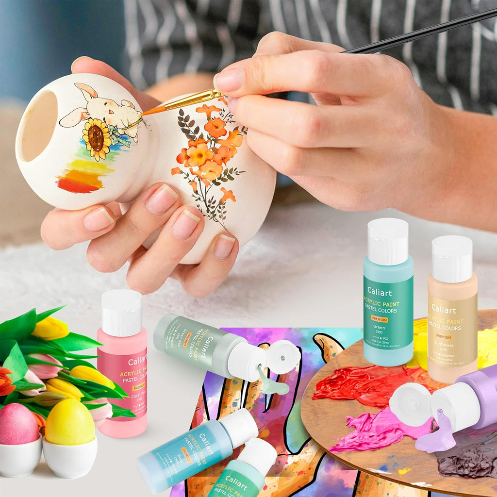 Caliart Acrylic Paint Set with 12 Brushes, 36 Pastel Colors (59ml, 2oz) Art Craft Paint for Artists Adults Beginners Painters, Canvas Ceramic Wood Fabric Rock Painting Supplies Kit