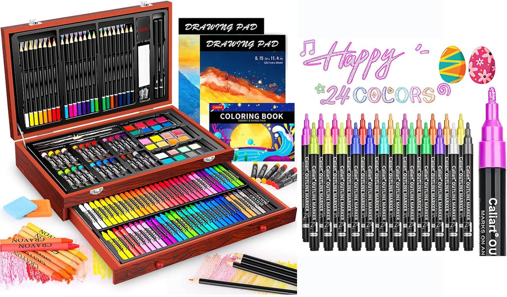 Caliart 153-Pack Deluxe Wooden Art Supplies, 34 Double Tip Brush Pens Art Markers, Pencils Drawing Set kit Mothers Day Gift for Mom Artists Adults Teens Kids