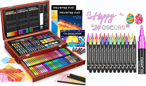 Caliart 153-Pack Deluxe Wooden Art Supplies, 34 Double Tip Brush Pens Art Markers, Pencils Drawing Set kit Mothers Day Gift for Mom Artists Adults Teens Kids