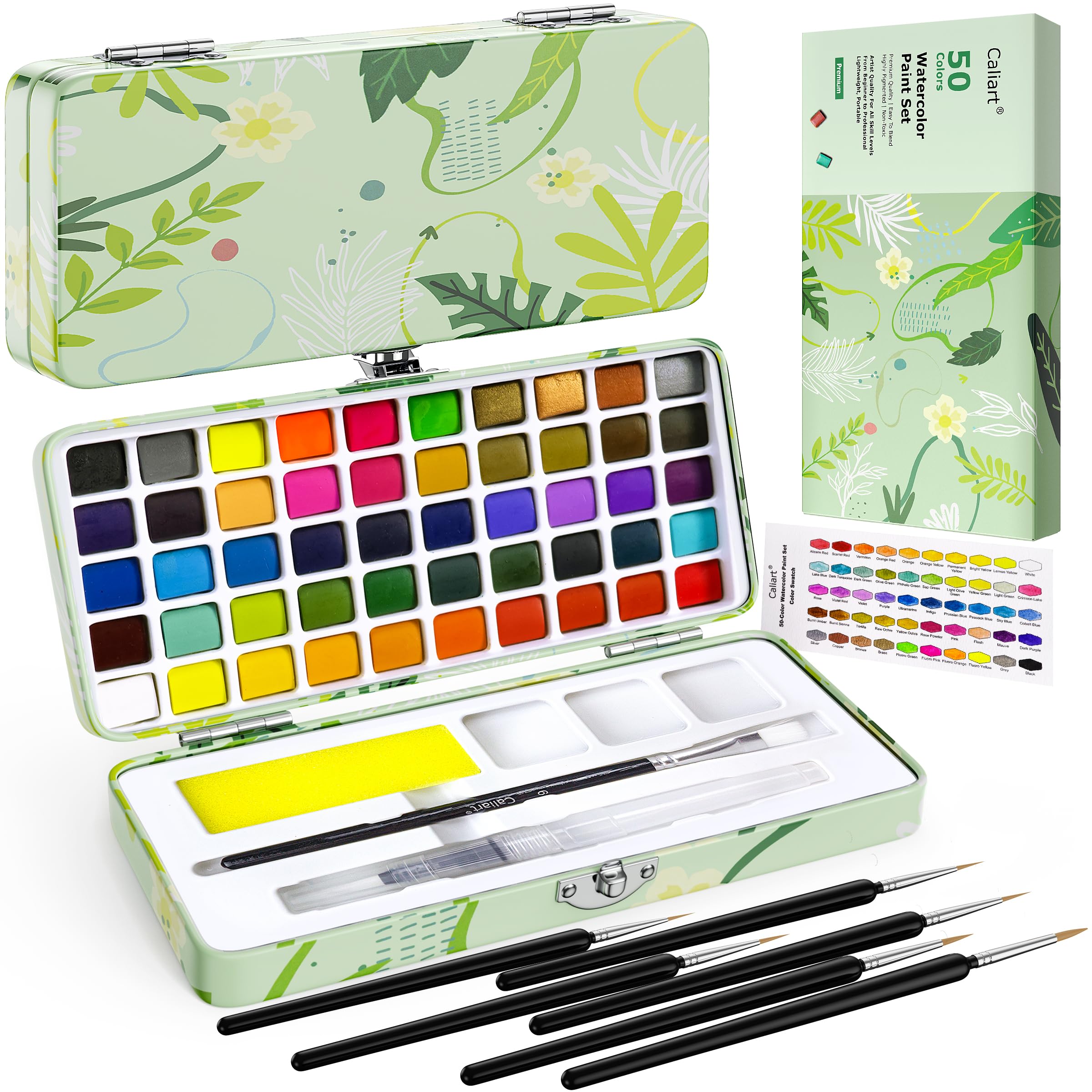 Caliart Watercolor Paint Set, 100 Colors Portable Water Color Palette Kit with Detail Paint Brush, Art Supplies Watercolor Painting Kit Coloring Gifts for Adults Beginners Professional Artists
