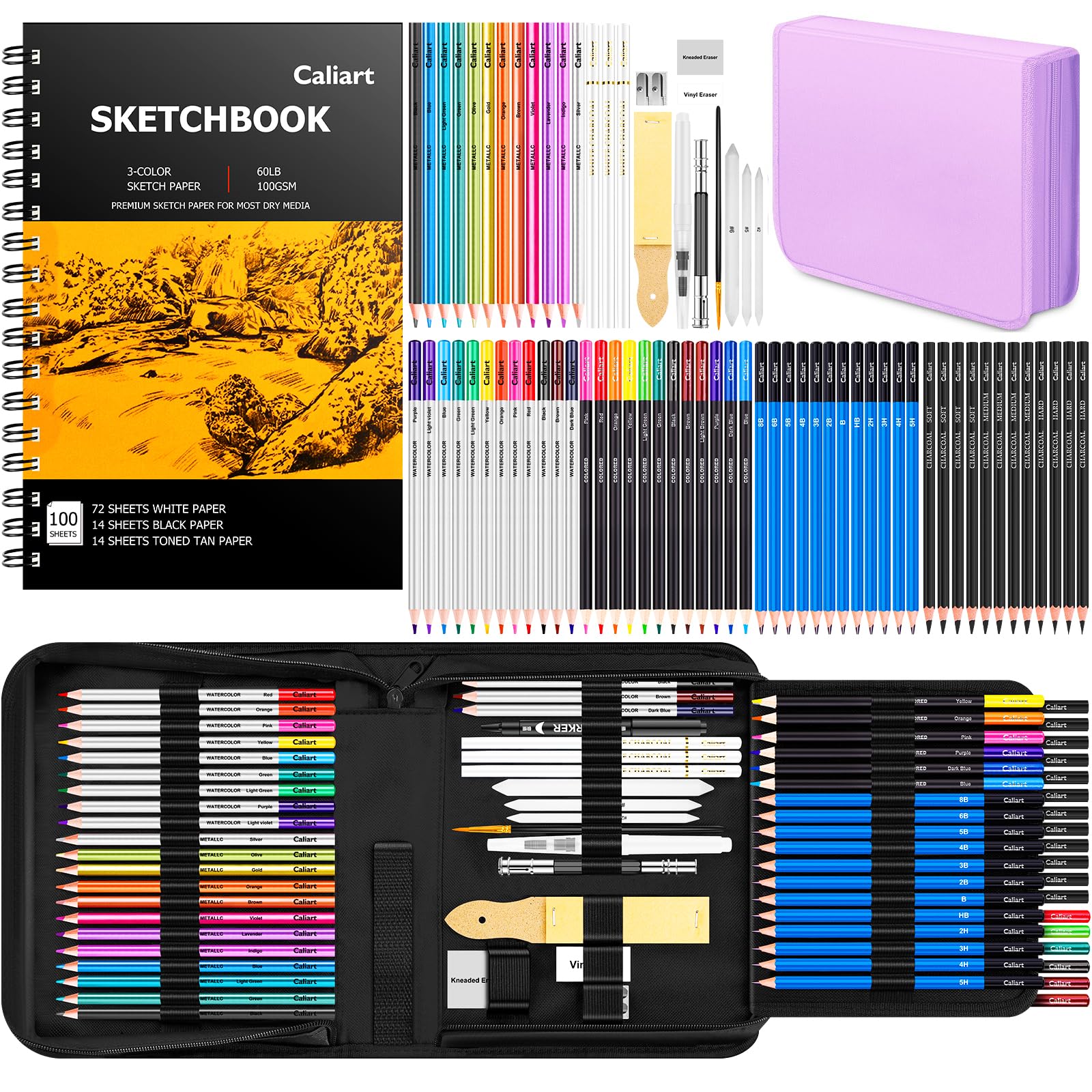 Caliart 176PCS Art Supplies Sketching Kit with 100 Sheets 3-Color Sketch Book, Graphite Colored Charcoal Watercolor & Metallic Pencils, Drawing Supplies Set Gifts for Artists Adults Beginners