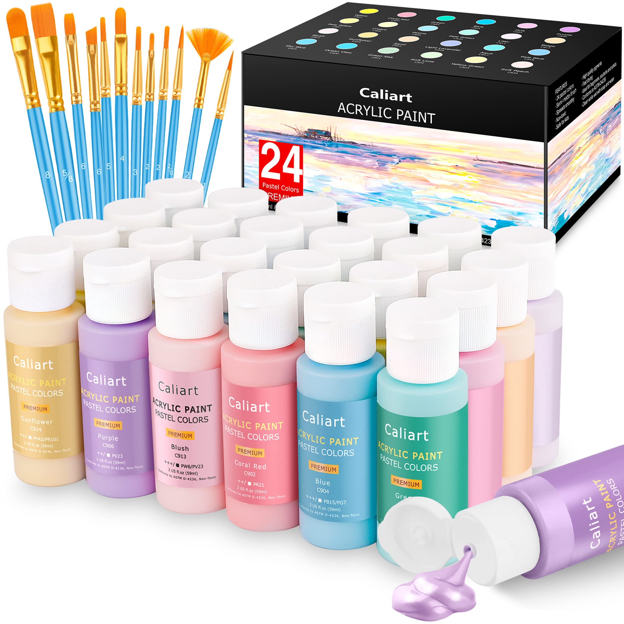 Caliart Acrylic Paint Large Set (120ml/4oz) with 12 Brushes, 24 Colors Art Craft Paints Kit for Adults Artists Beginners on Canvas Ceramic Wood Rock Painting Art Supplies
