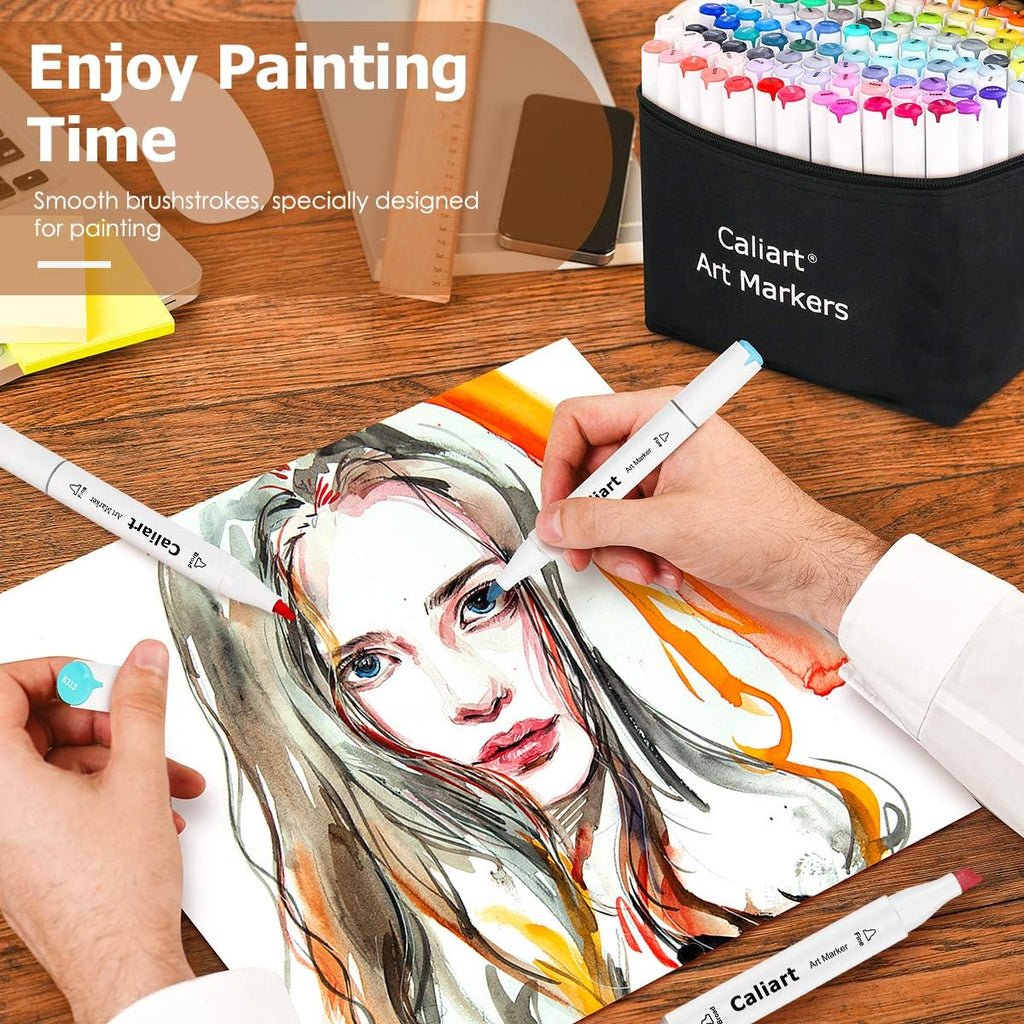 Caliart Alcohol Based Markers, 81 Colors Art Drawing Markers Set Dual Tip Fine & Chisel Permanent Colored Sketch Pens, with Case for Artists Adults Coloring Book Illustration