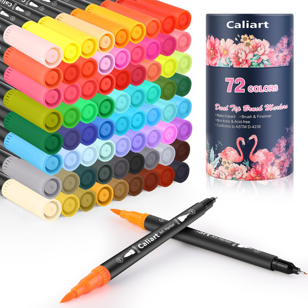 Caliart 34 Double Tip Brush Pens Art Markers, Artist Fine & Brush Pen Coloring Markers for Adult Book Cards Drawing Craft Kit Teacher Office Supplies