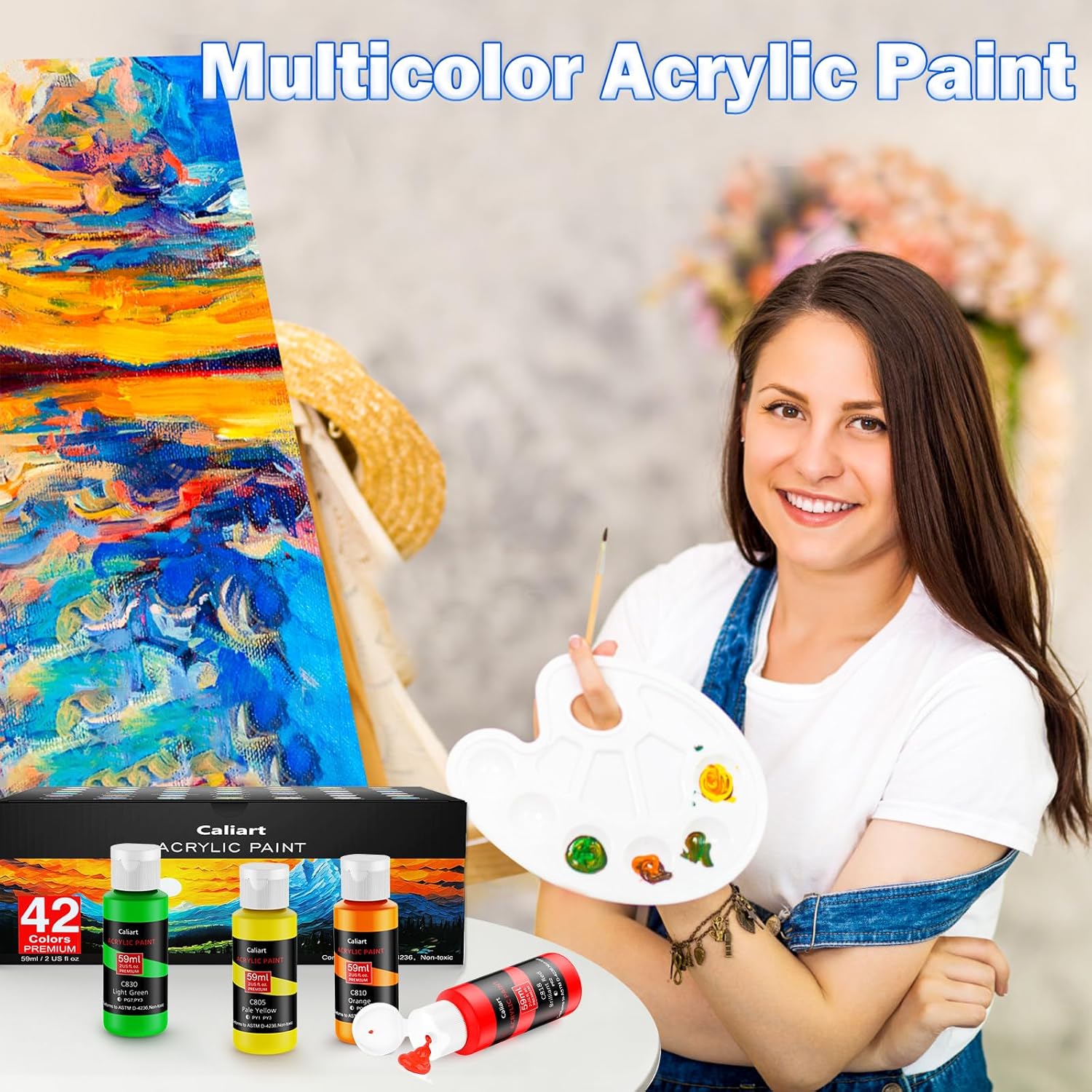 Caliart Acrylic Paint Set with 12 Brushes, 42 Colors (59ml, 2oz) Art Craft Paints Gifts for Adults Artists Beginners Painters, Halloween Pumpkin Canvas Ceramic Rock Painting Kit Art Supplies