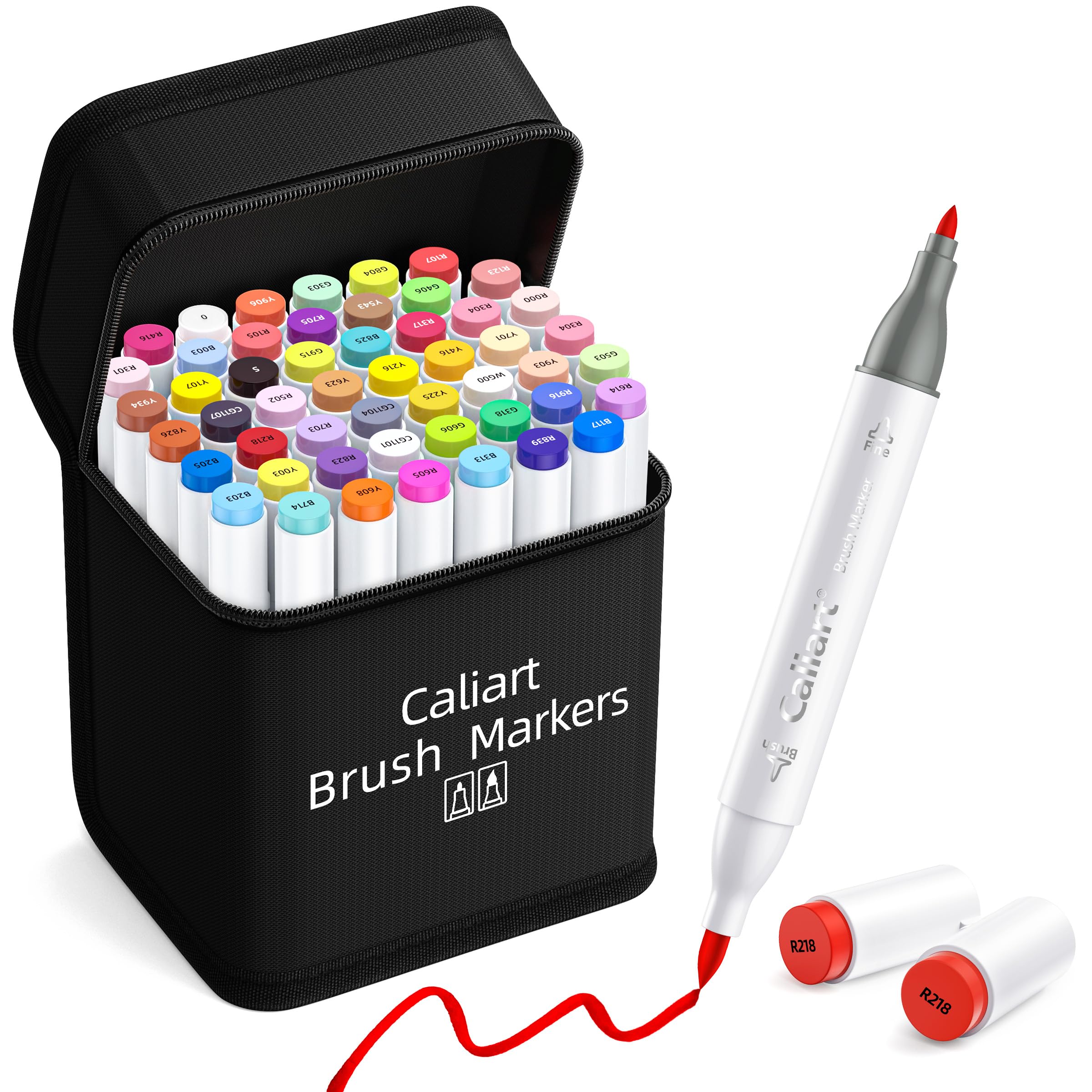Caliart Alcohol Markers Brush Tip, 51 Colors Dual Tip Artists Coloring Markers Set Brush & Chisel, Permanent Alcohol Based Colored Sketch Pens, Art Supplies Gifts for Adults Drawing Illustration