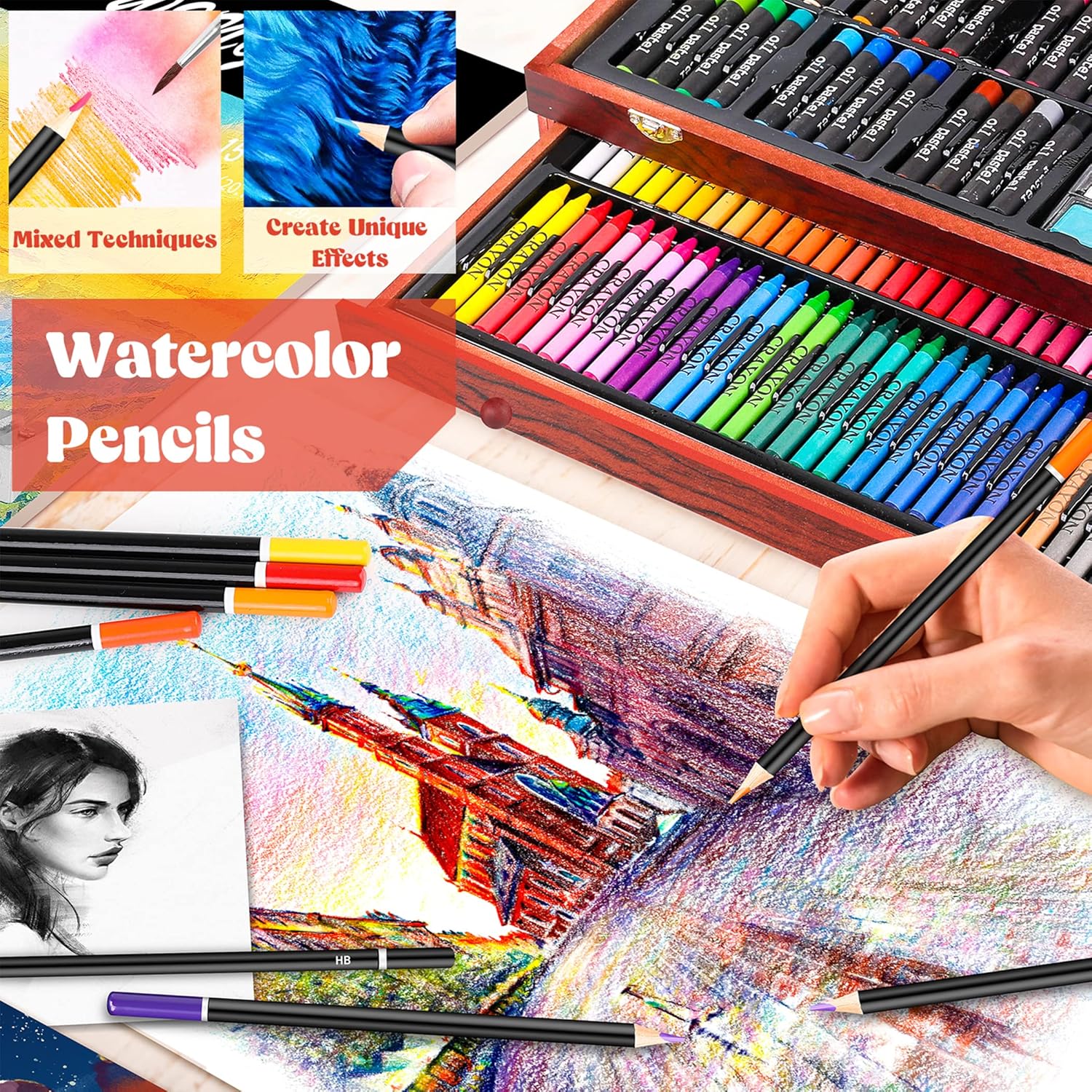 Caliart Art Supplies, 153-Pack Deluxe Art Set in Wooden Case, Crafts Drawing Painting Kits with 2 A4 Sketch Pads, Coloring Book, Birthday Gifts for Teens Girls Boys Kids Adults Artists