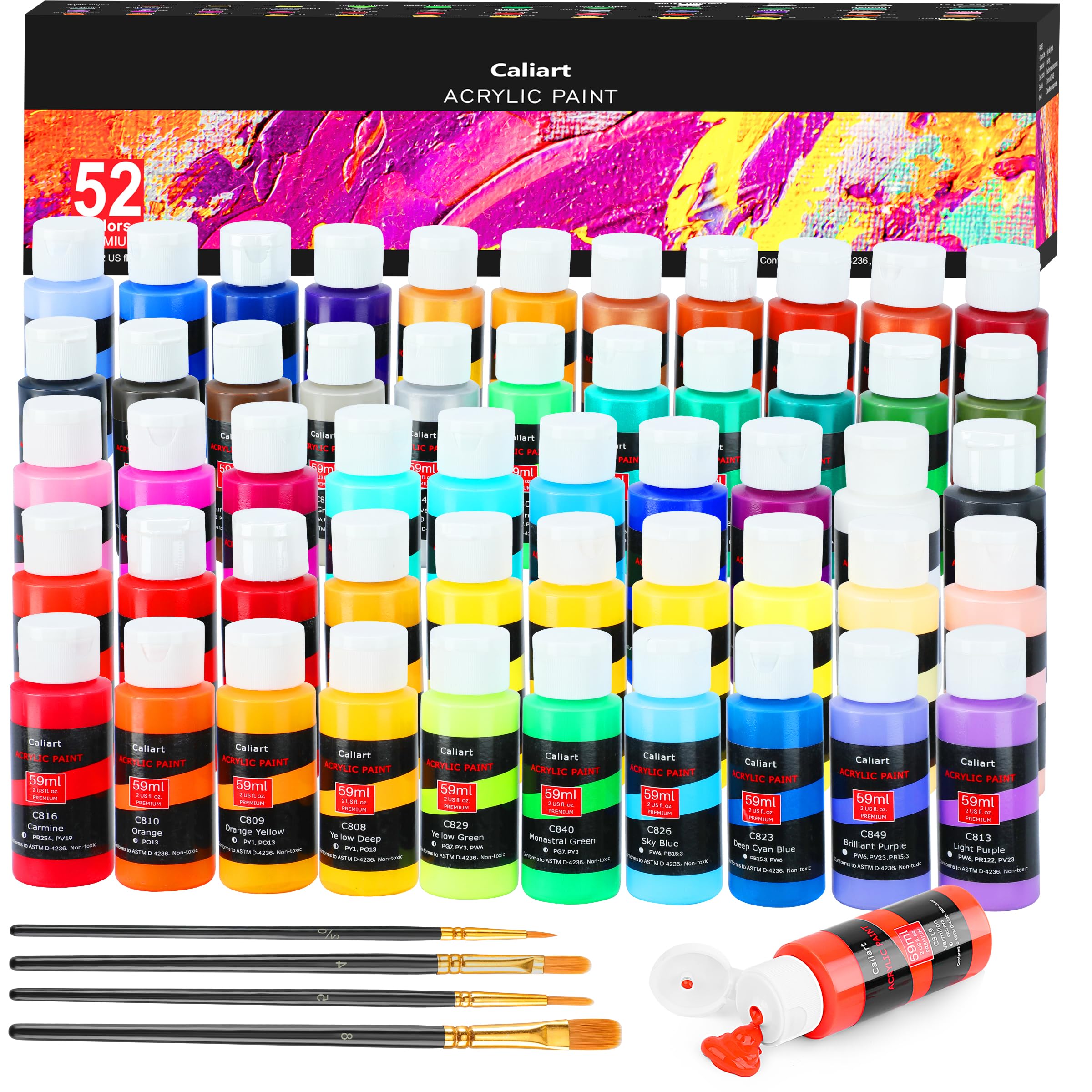 Caliart 72 Colors Acrylic Paint Set with 12 Brushes | Craft Painting kit for Adults Artists Beginners, Rich Pigment Non-toxic, Canvas Wood Rock Pumpkin Ceramic Art Supplies Paint