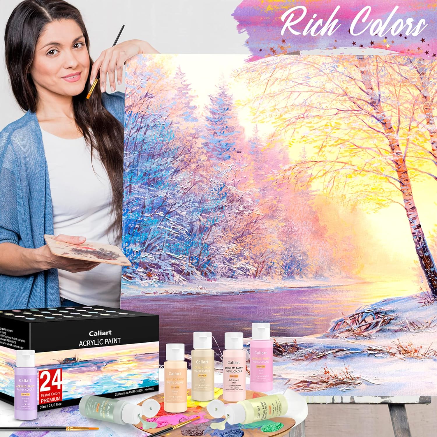 Caliart 24 Colors Pastel Acrylic Paint Set with 12 Brushes, 24-Color Double-Line Drawing Doodle Outline Markers, Canvas Ceramic Rock Craft Painting Kit Art Supplies Gift for Artists Kids Beginners