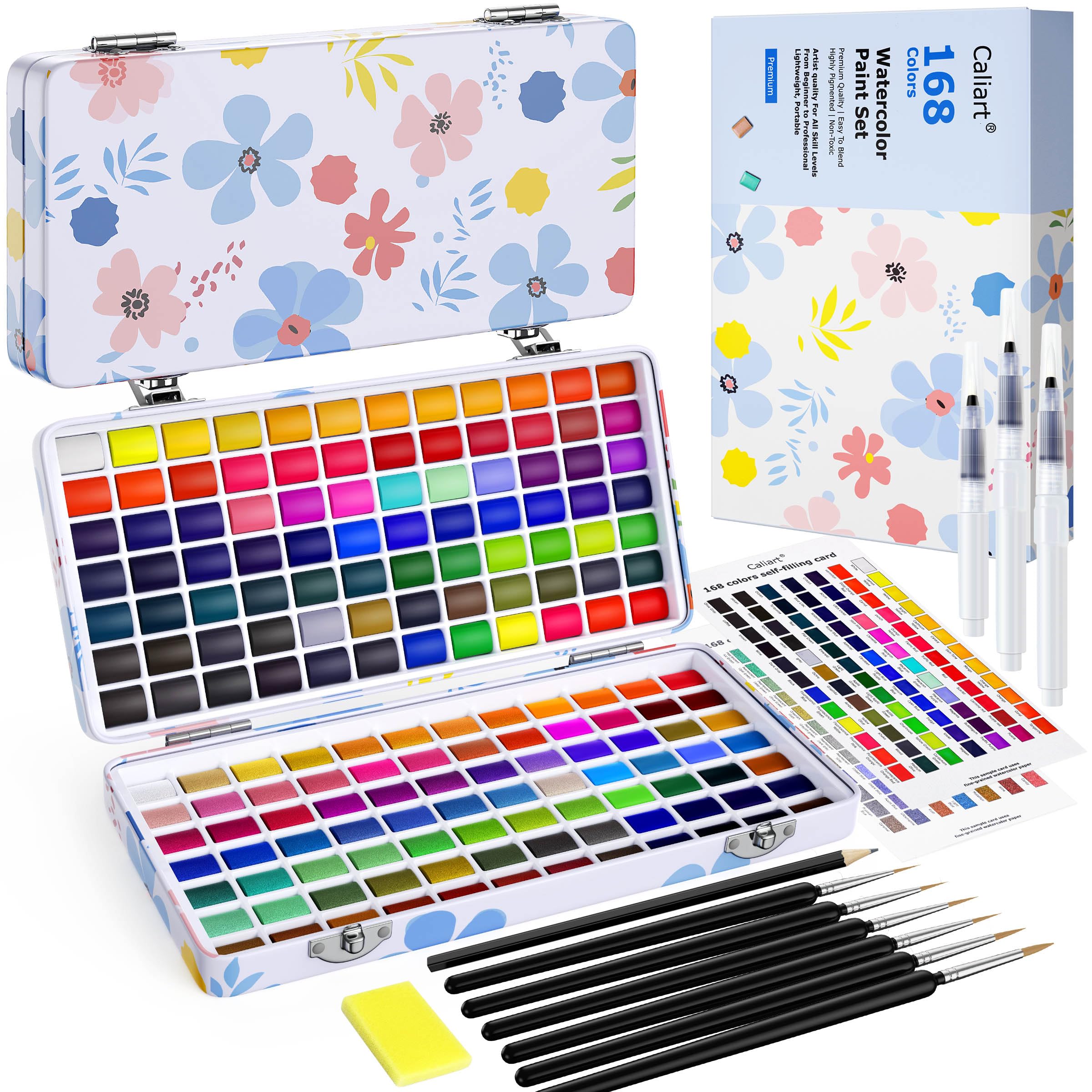 Caliart Watercolor Paint Set, 100 Colors Portable Water Color Palette Kit with Detail Paint Brush, Art Supplies Watercolor Painting Kit Coloring Gifts for Adults Beginners Professional Artists